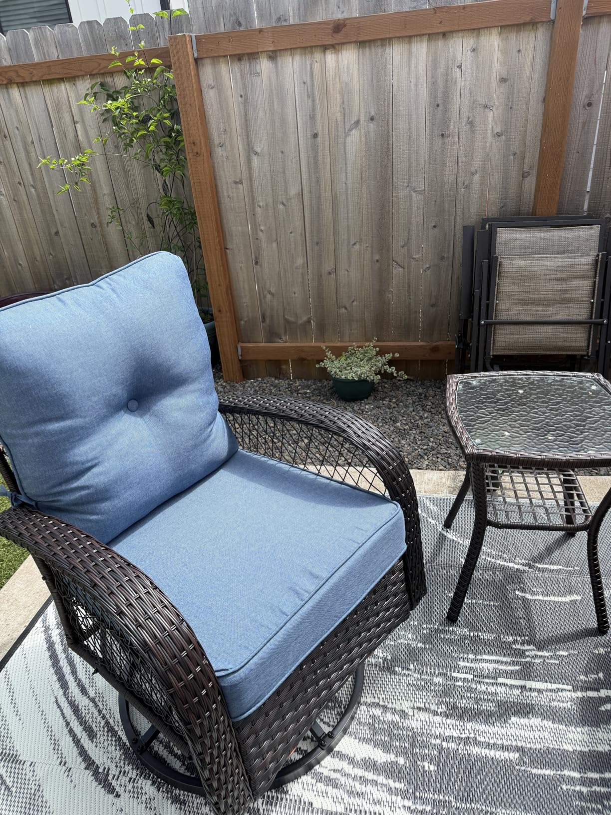 Patio Furniture Set 3 Pieces, Outdoor Swivel Glider Rocker Bistro Set, Blue customer photo 1