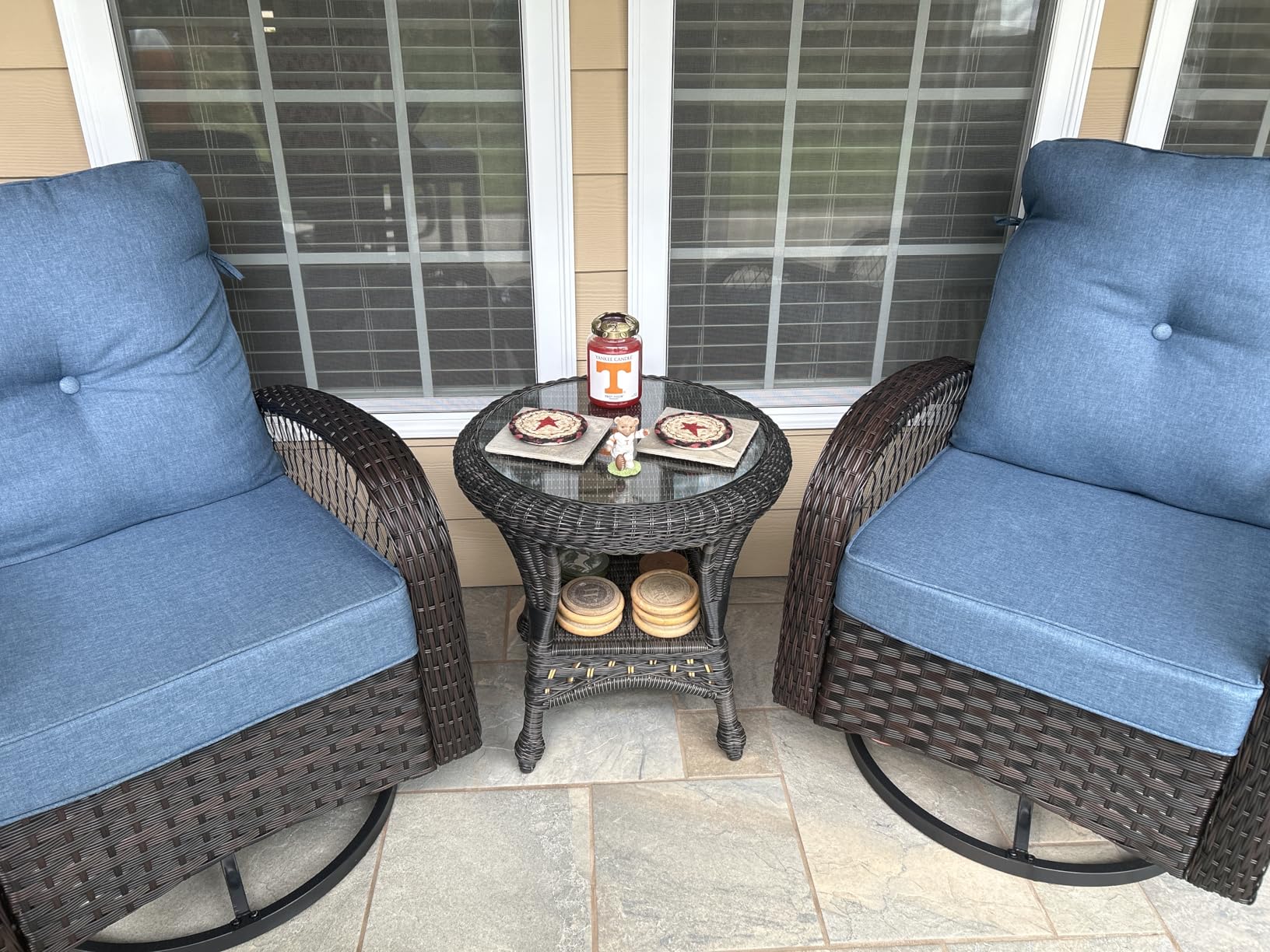 Patio Furniture Set 3 Pieces, Outdoor Swivel Glider Rocker Bistro Set, Blue customer photo 2
