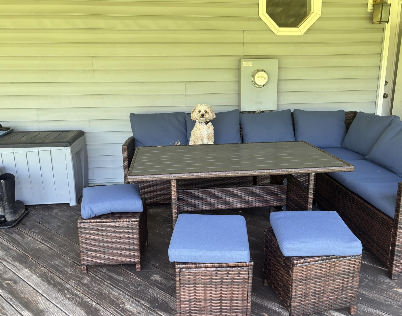 Wisteria Lane 7 Piece Patio Furniture Set, High Curved Back Wicker Patio Sectional, All Weather Outdoor Dining Set, Outdoor Furniture Patio Conversation Set with Ottoman, Blue customer photo 2