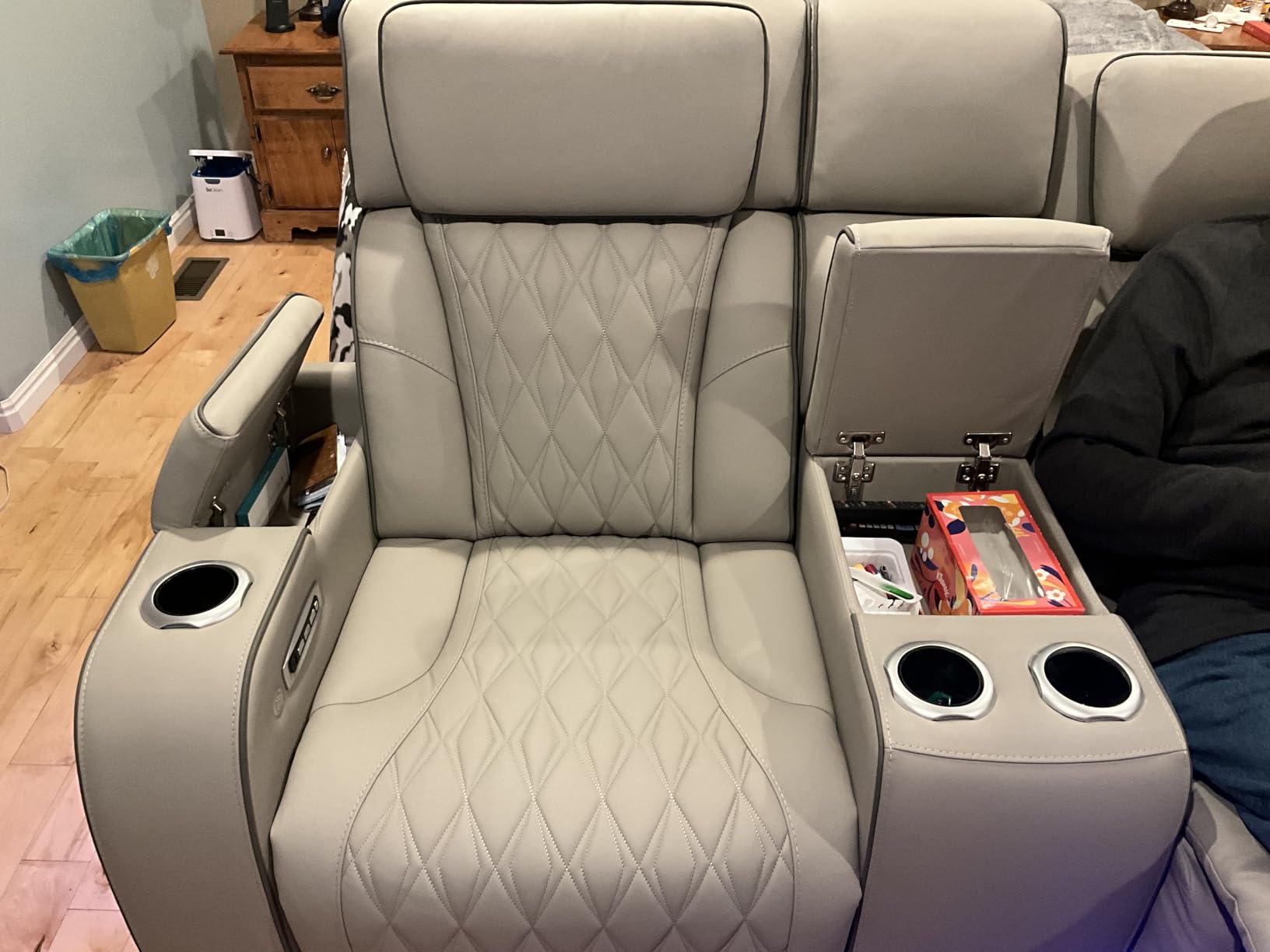 Signature Design by Ashley Boyington Contemporary Leather Match Power Reclining Loveseat with Console and USB Charging Ports, LED Lights and Adjustable Headrest, Light Gray customer photo 2