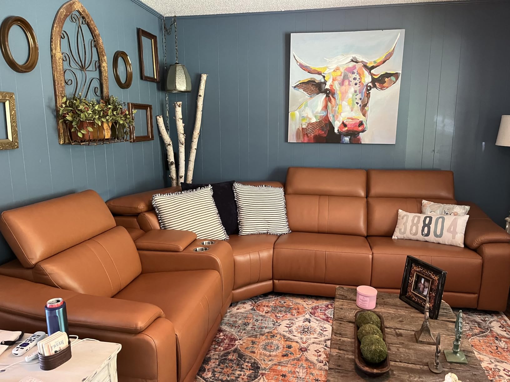 Power Reclining Sectional Sofa with Console, 5 Seats Leather Sectional Couch Living Room Set L Shaped Couch with Cup Holders/USB Charging/Manual Adjustable Headrests, Ginger customer photo 1
