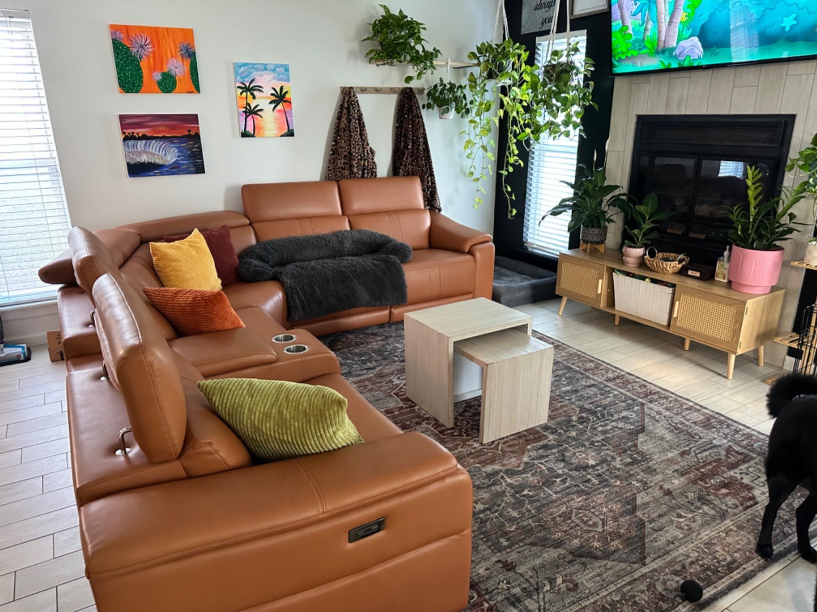 Power Reclining Sectional Sofa with Console, 5 Seats Leather Sectional Couch Living Room Set L Shaped Couch with Cup Holders/USB Charging/Manual Adjustable Headrests, Ginger customer photo 2