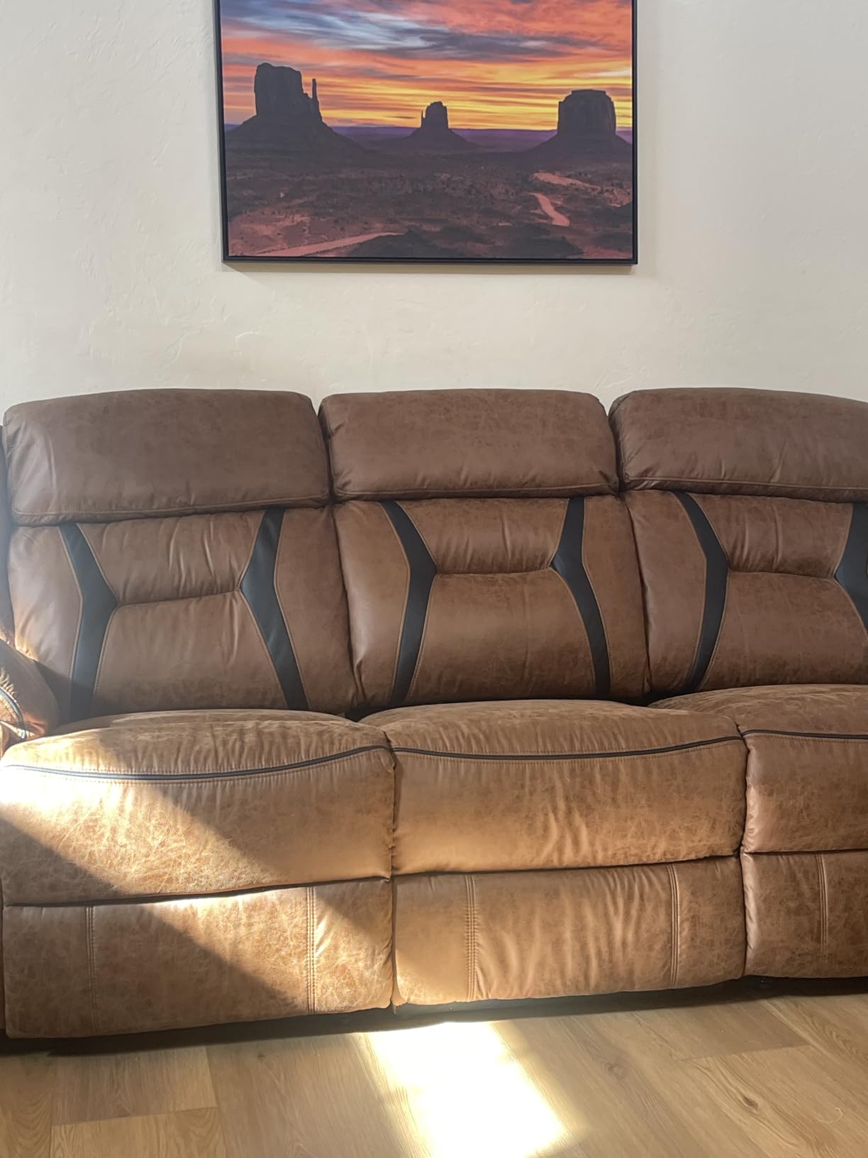 Faux Leather Manual Loveseat Recliner, 2 Seat Reclining Sofa Chair with Center Console, Hidden Storage and Cup Holders, Daul Recliner for Living Room, Meeting Room, Brown (Loveseat) customer photo 2