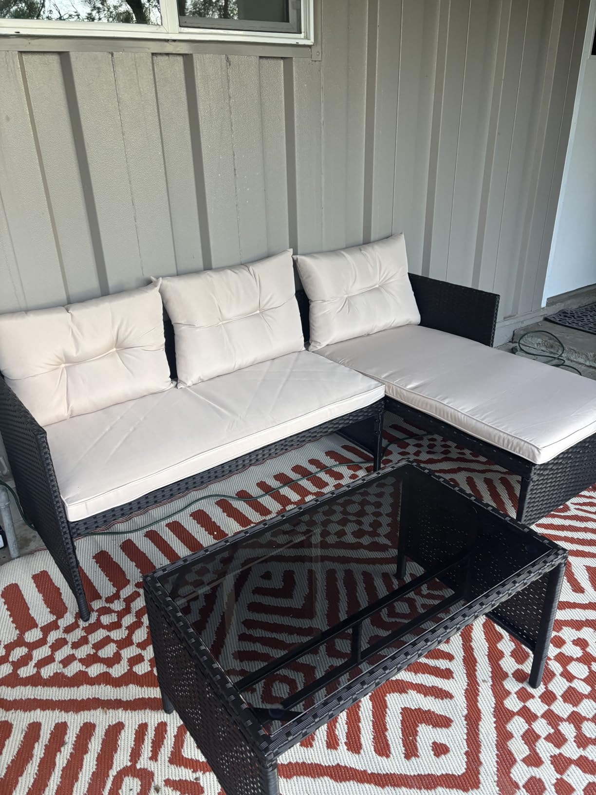 Devoko Outdoor Patio Furniture 3-Piece Rattan Waterproof Outdoor Sectional Sofa All-Weather L Shaped Patio Couch with Cushion Glass Table for Balcony, Garden (Beige) customer photo 1