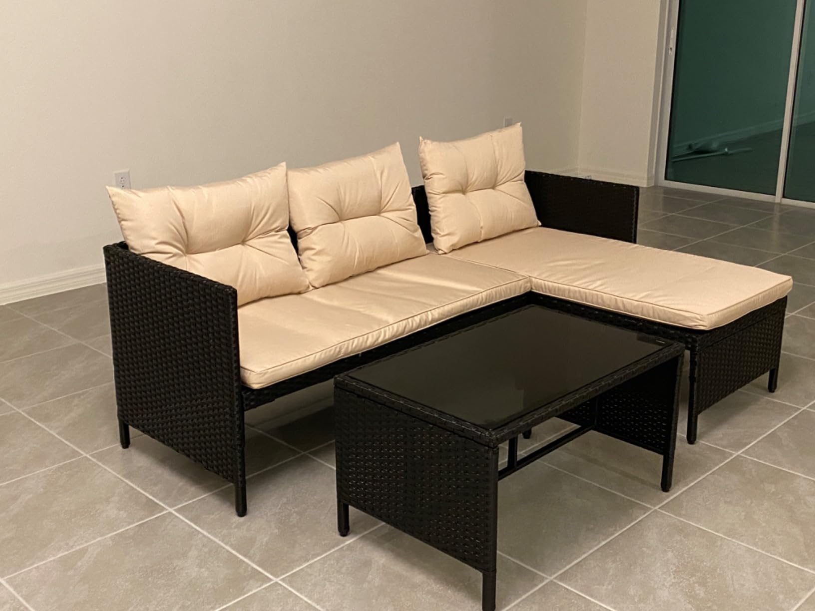 Devoko Outdoor Patio Furniture 3-Piece Rattan Waterproof Outdoor Sectional Sofa All-Weather L Shaped Patio Couch with Cushion Glass Table for Balcony, Garden (Beige) customer photo 2