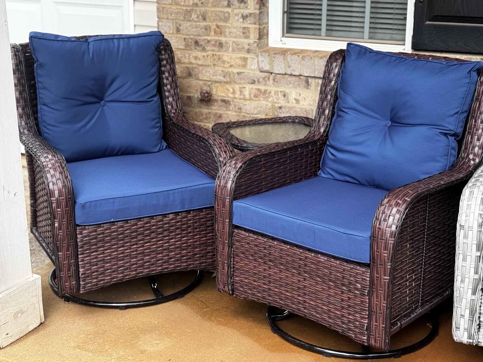 Wumiokio Patio Furniture Sets, 3 Pieces Wicker Outdoor Furniture - 360 Degree Swivel Rocking Chairs and Rattan Side Table for Garden,Porch,Backyard (Grey Wicker/Blue Cushion, 3PCS - Swivel Chairs) customer photo 2