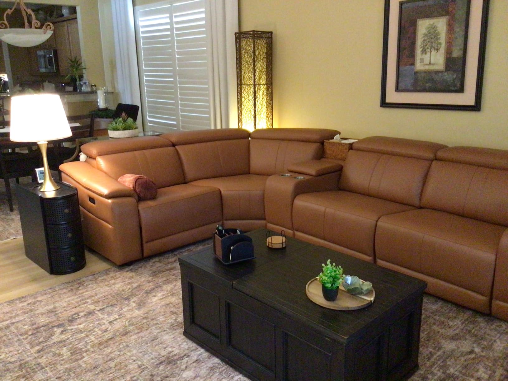 Power Recliner Sectional Sofa, Beige & Grey Plush Sofa, Sectional Couch with Storage Console, Reclining Living Room Sofa with USB/LED Lights customer photo 1