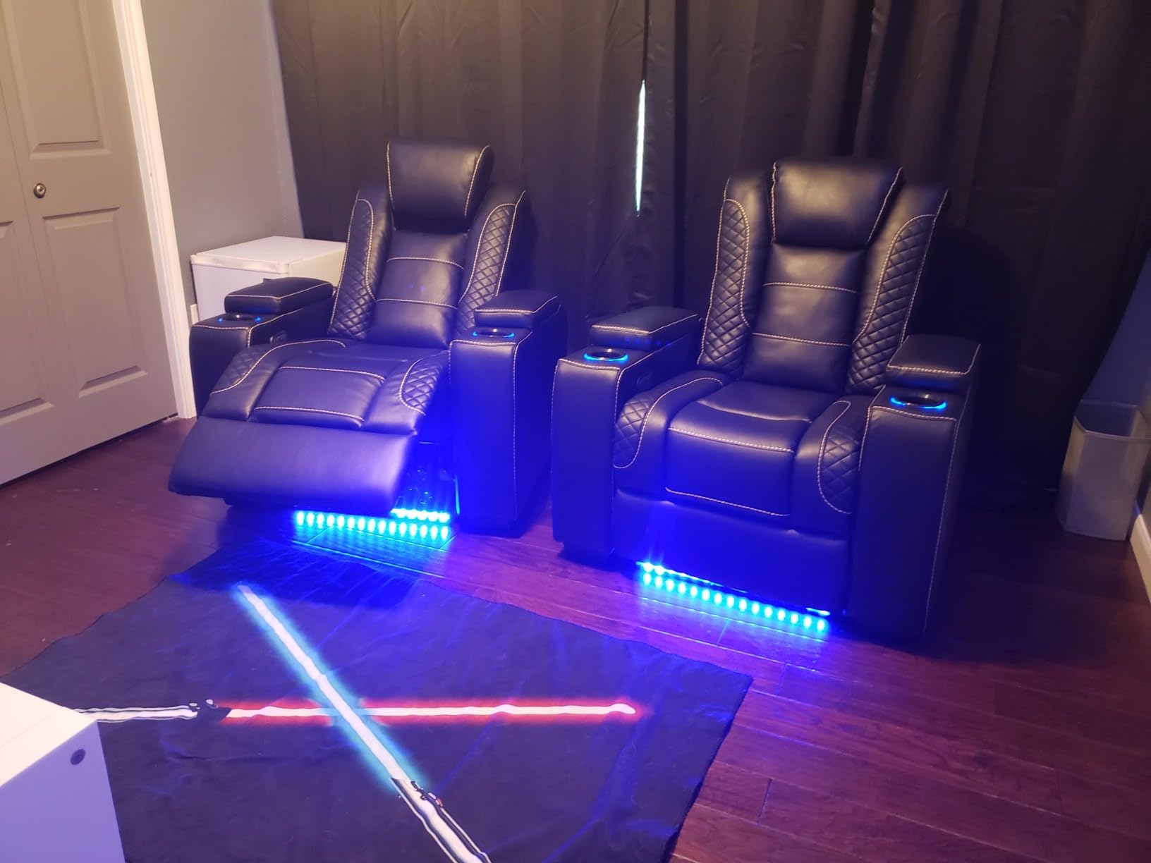 ANJ Power Recliner Chair Set of 5, Electric Recliner with Adjustable Headrest, Dual Motor Home Theater Seating with USB Port, Cup Holders, LED Lights, Hidden Arm Storage - PU Leather, Brown customer photo 2
