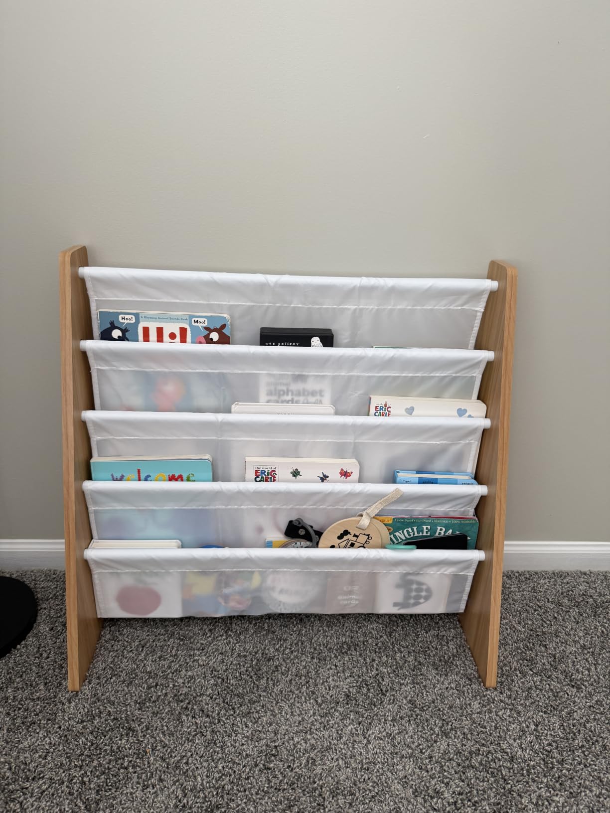 Humble Crew 4-Tier Kids Bookshelf, Natural Wood/Primary - Premium Book Shelf for Kids Rooms with Four Deep Pockets - Toddler Sling Book Rack with Deep Sleeves, Nursery Bookcase Organizer customer photo 2