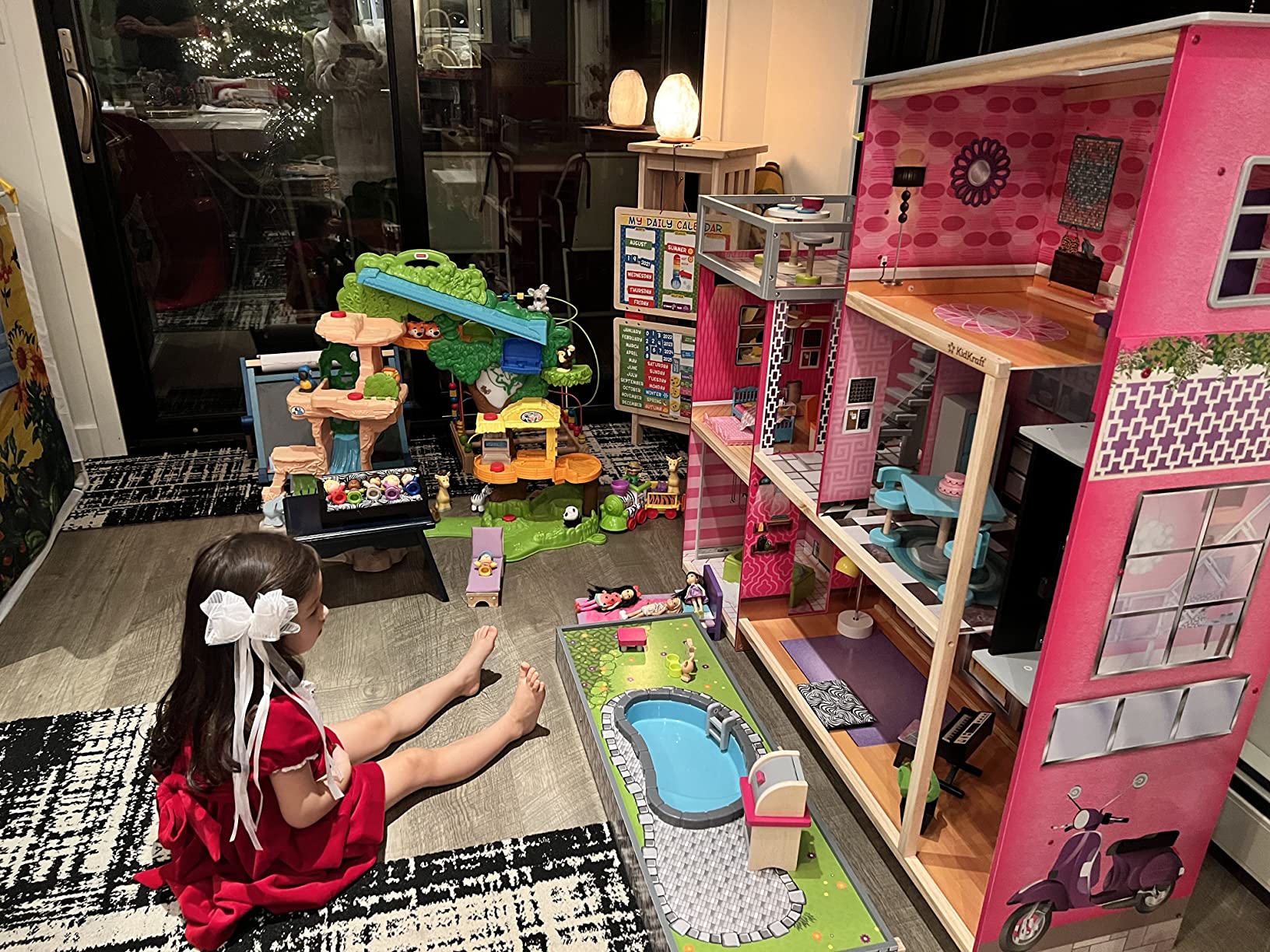 KidKraft Uptown Wooden Modern Dollhouse with Lights & Sounds, Pool and 36 Accessories | Over 3 Feet Tall Pink Mansion Doll House, Working Elevator, Rooftop Patio, For Dolls up to 12 Inches, Gift for Ages 3+ customer photo 1