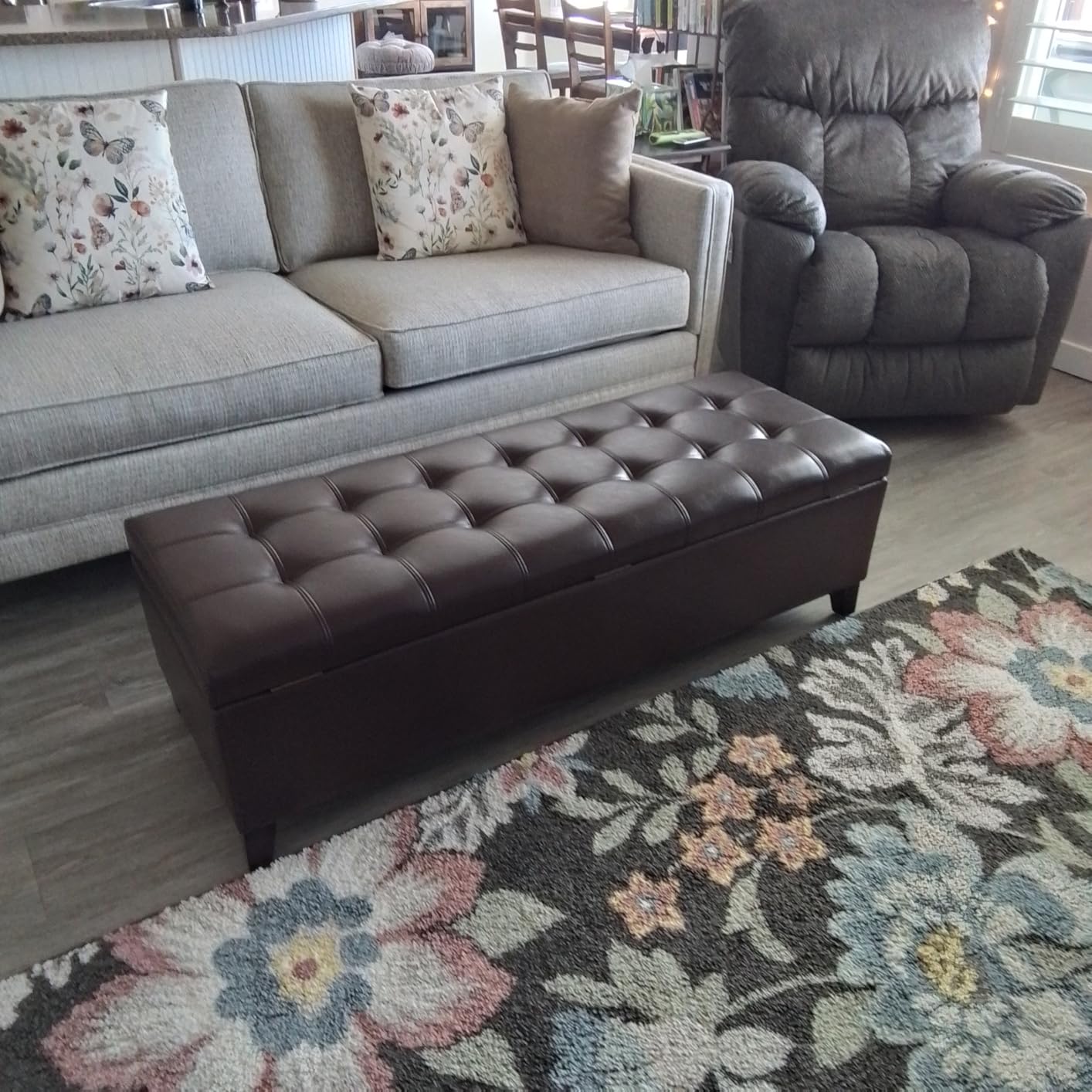 51 Inch Storage Bench, Leather Tufted Storage Ottoman with Legs | Safety Hinges, Wooden Legs, Upholstered, End of Bed, Bedroom, Living Room, Entryway, 330LBS, Brown customer photo 1