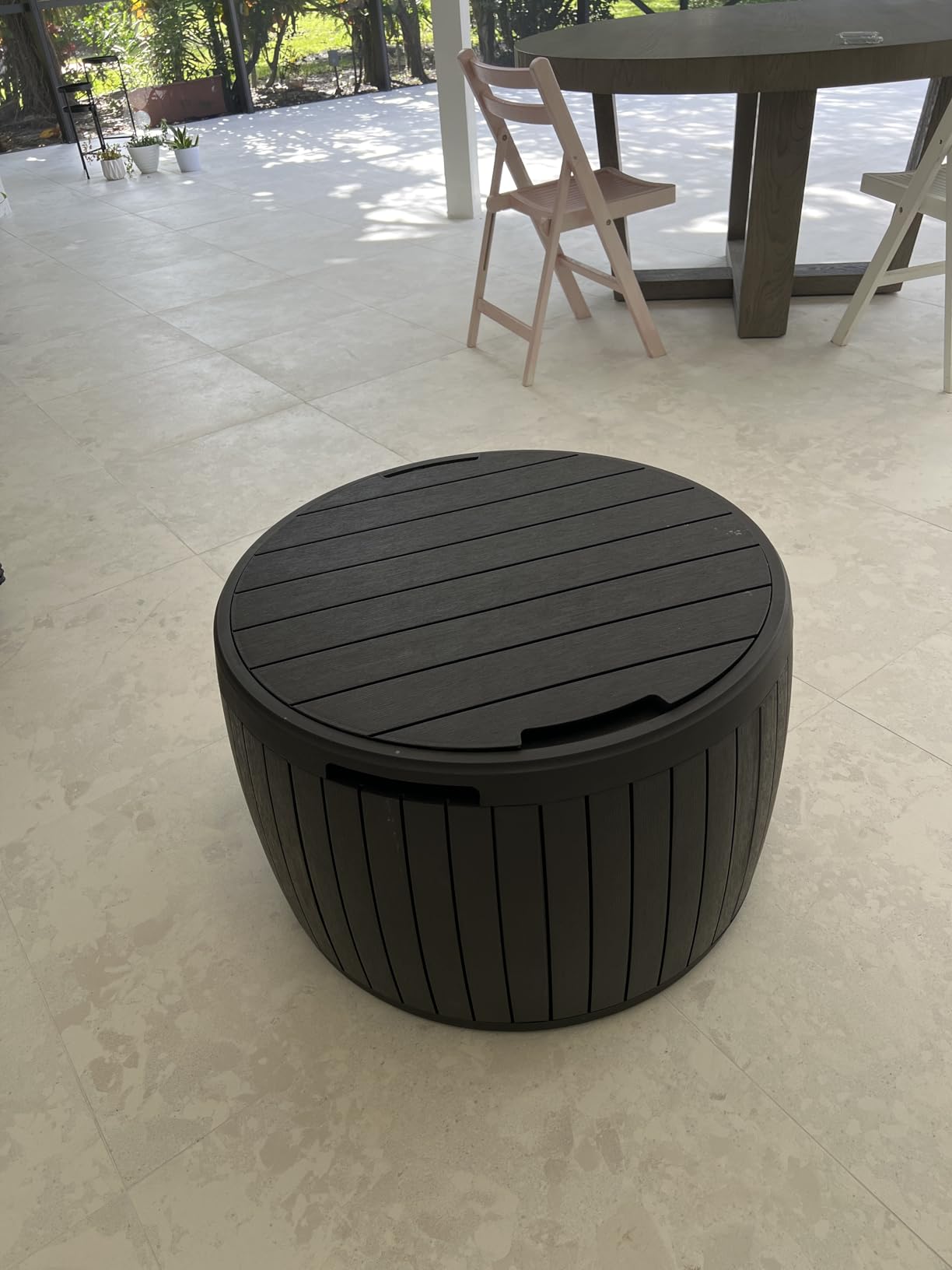 Keter Circa 37 Gallon Deck Box Organizer, Works as Ottoman Chair or Side Table, Brown - Large Resin Round Outdoor Storage and Seating for Garden, Pool, and Patio customer photo 2