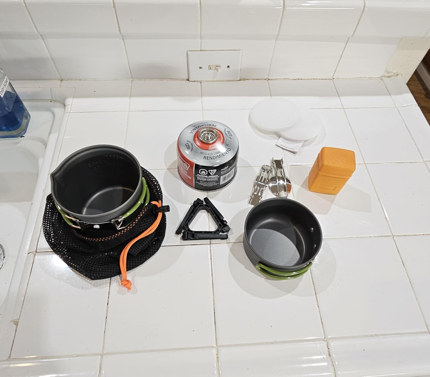 Odoland Camping Cookware Stove Carabiner Canister Stand Tripod and Stainless Steel Cup, Tank Bracket, Fork Spoon Kit customer photo 1