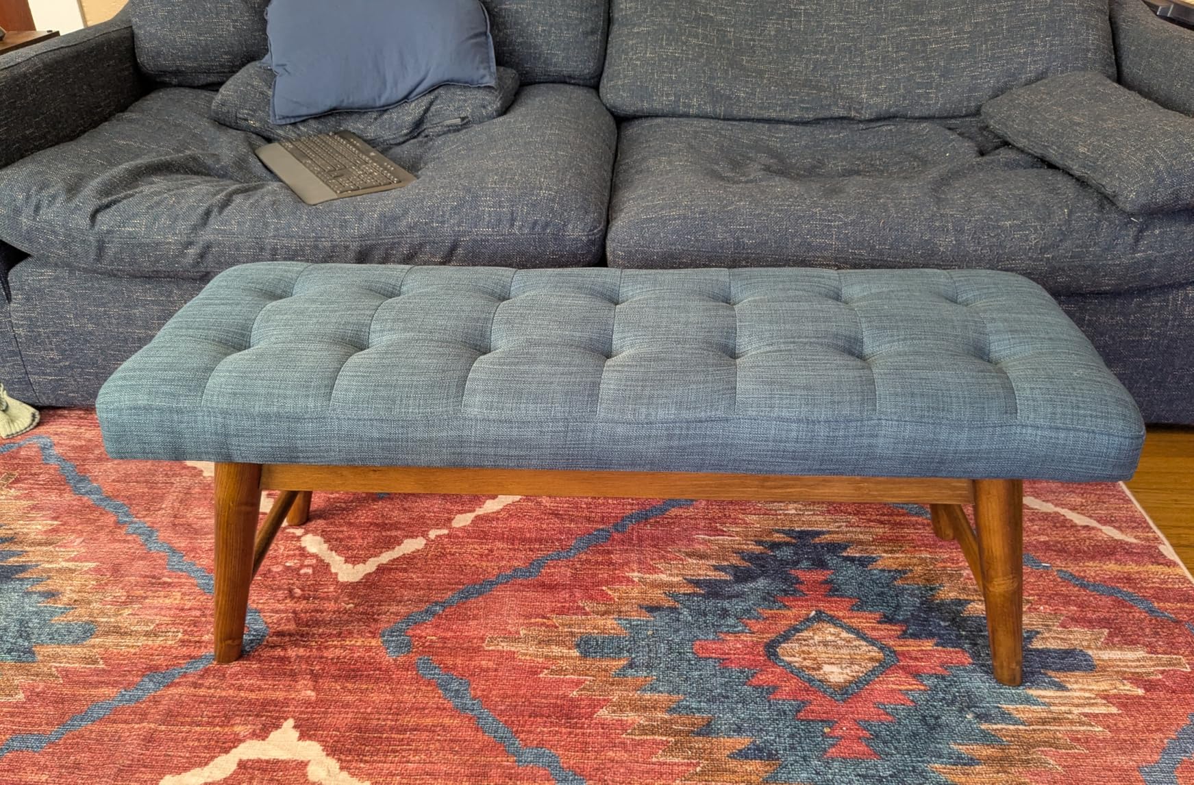 Amazon Basics Modern Haraden Upholstered Button-Tufted Bench, Blue, 16 x 44 x 17 in customer photo 1