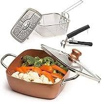 Moss & Stone 5 Pcs Copper Chef Cookware Non Stick Deep Frying Pan, Fry Basket, Steamer Rack, Dishwasher & Oven Safe, 5 Qt Deep Square Pan, Induction Copper Cookware Set - 9.5