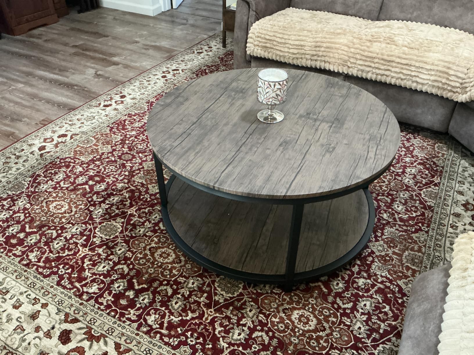 NSdirect Round Coffee Table, 36 inch Coffee Table for Living Room, 2-Tier Rustic Wood Desktop with Storage Shelf Modern Design Home Furniture (Light Walnut) customer photo 2