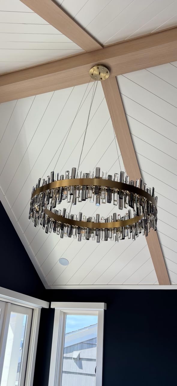 Siljoy Modern Crystal Chandeliers, 12 Lights Brass Gold Raindrop Crystal Chandelier, Adjustable Dimmable Crystal Pendant Light Fixture for Dining Room Living Room Kitchen Island D23.6'' customer photo 1