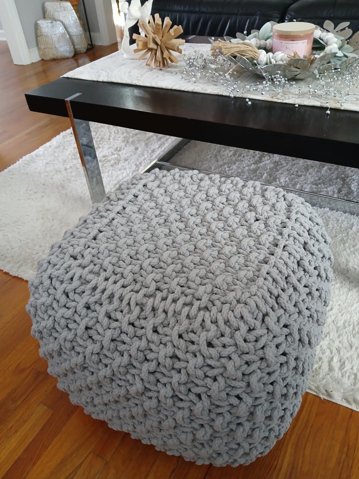 BIRDROCK HOME Square Pouf Ottoman - Cotton Braided Foot Stool with Bean Bag Filling - Compact and Comfortable Seating, Lightweight and Sturdy Boho Foot Rest for Living Room or Bedroom (Grey) customer photo 1