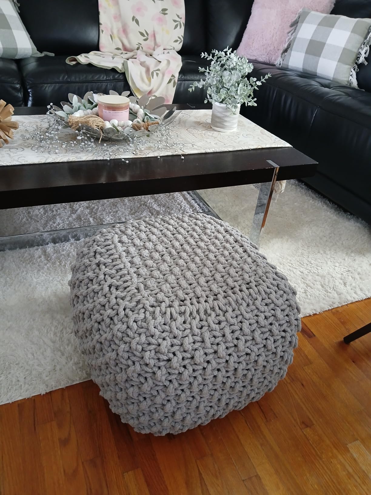 BIRDROCK HOME Square Pouf Ottoman - Cotton Braided Foot Stool with Bean Bag Filling - Compact and Comfortable Seating, Lightweight and Sturdy Boho Foot Rest for Living Room or Bedroom (Grey) customer photo 2