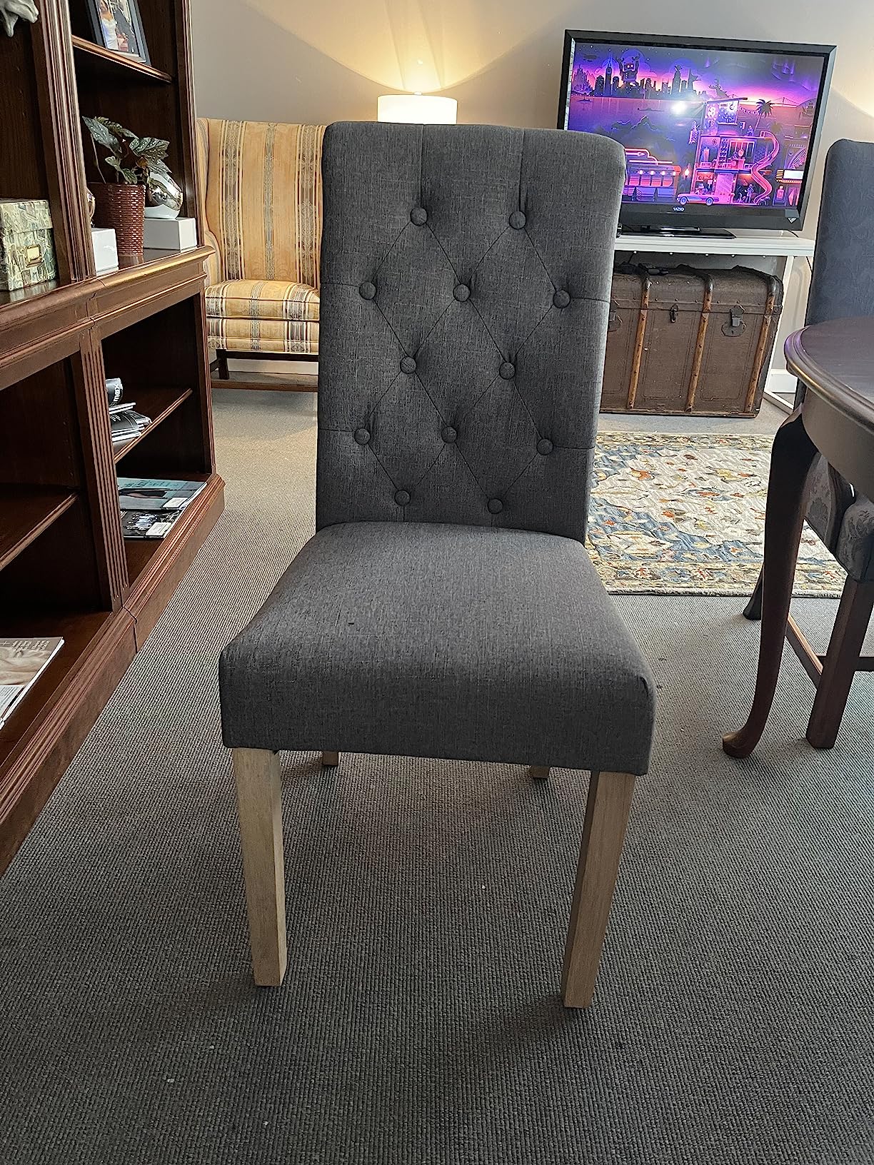 Yaheetech Dining Chairs Set of 2 Modern Upholstered Parson Chairs Blue | Button Tufted High Back Dining Room Chairs with Fabric Padded Seat, Solid Wood Legs, Armless Design for Kitchen Living Room customer photo 2