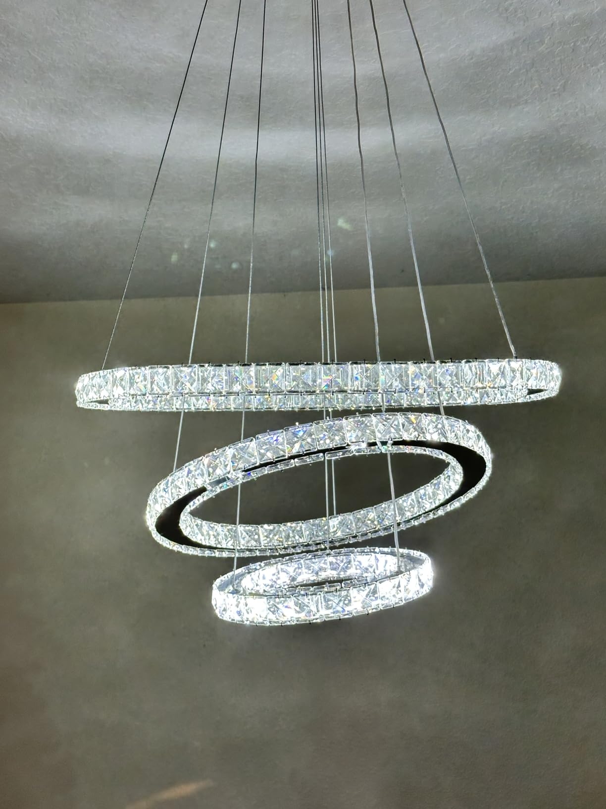 Buccleuch Modern Crystal Chandelier, Dimmable LED Pendant Light Fixture 3-Ring Adjustable Stainless Steel Ceiling Light, Silver Crystal Chandeliers for Dining Room, Bedroom, Living Room - ETL Listed customer photo 1