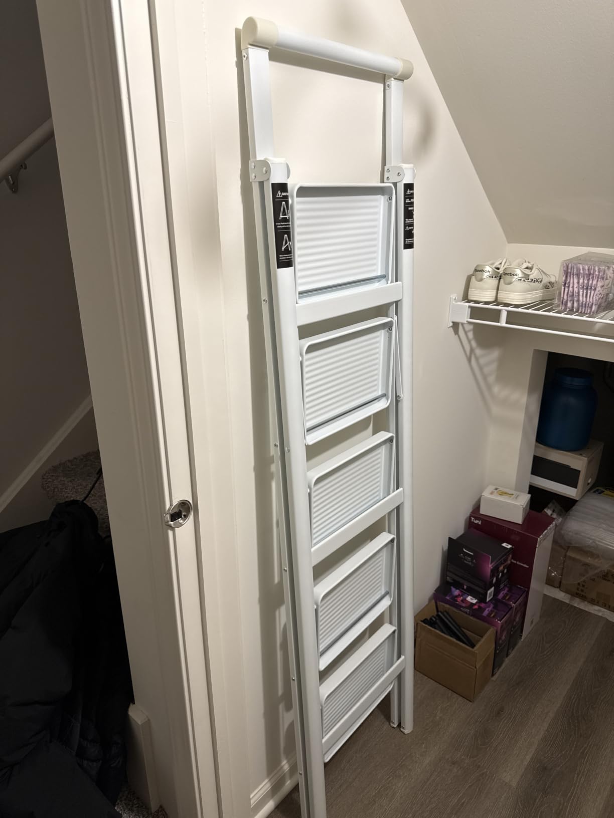 6 Step Ladder, Folding Step Stool, Lightweight Stepladder, Black | Reach 12ft; Anti-Slip 7.9'' Wide Pedal; Portable Handrail; Space-Saving; For Kitchen, Home, Library, Office Use; 300lbs Capacity customer photo 1
