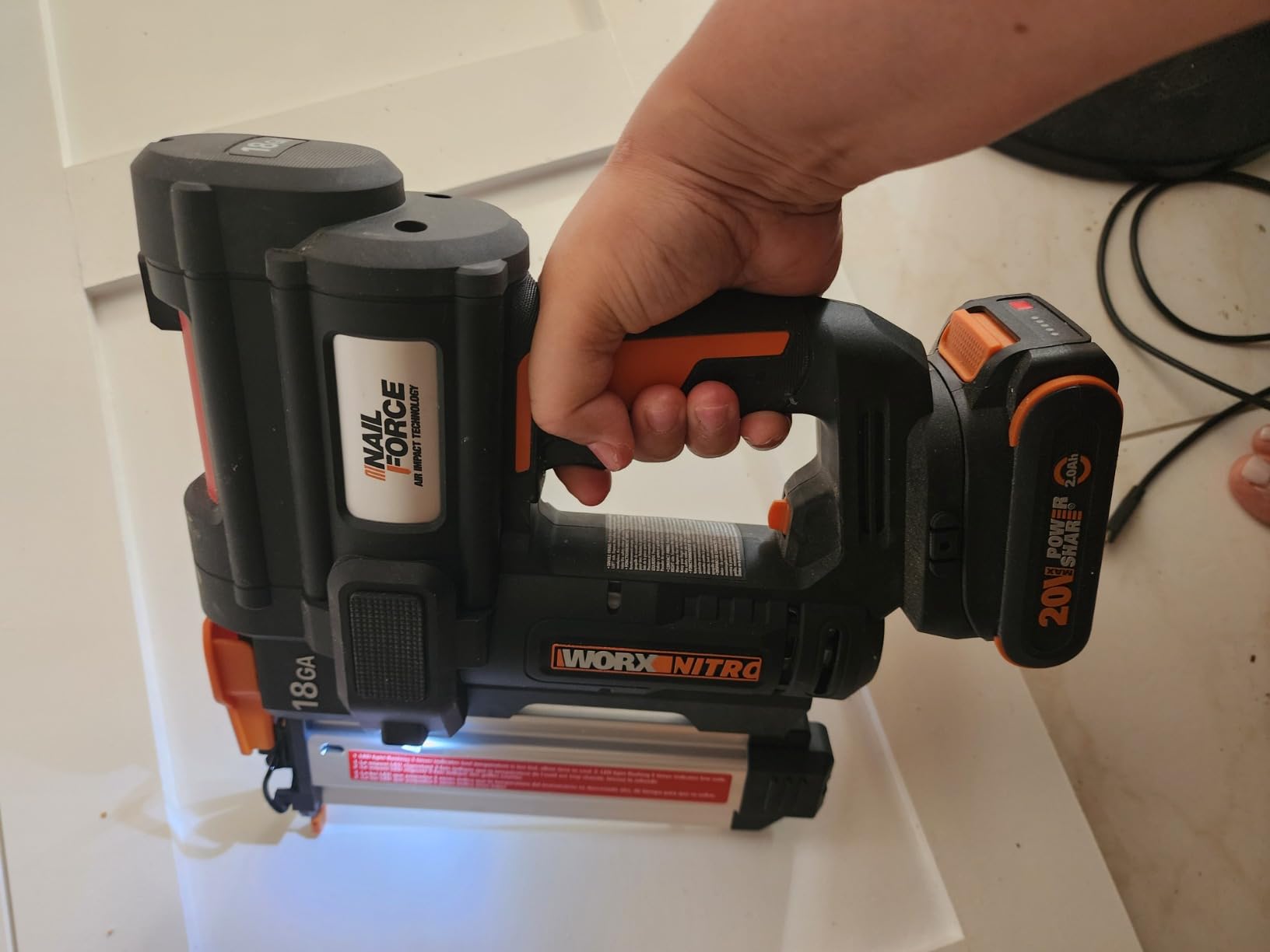 Worx Nitro 20V 18GA Cordless Brad Nailer, Cordless Nail Gun, Nail Gun Battery Powered, Up to 2 Inch, Tool-Free Jam Release, Trimming & Molding, Baseboard WX842L PowerShare customer photo 1