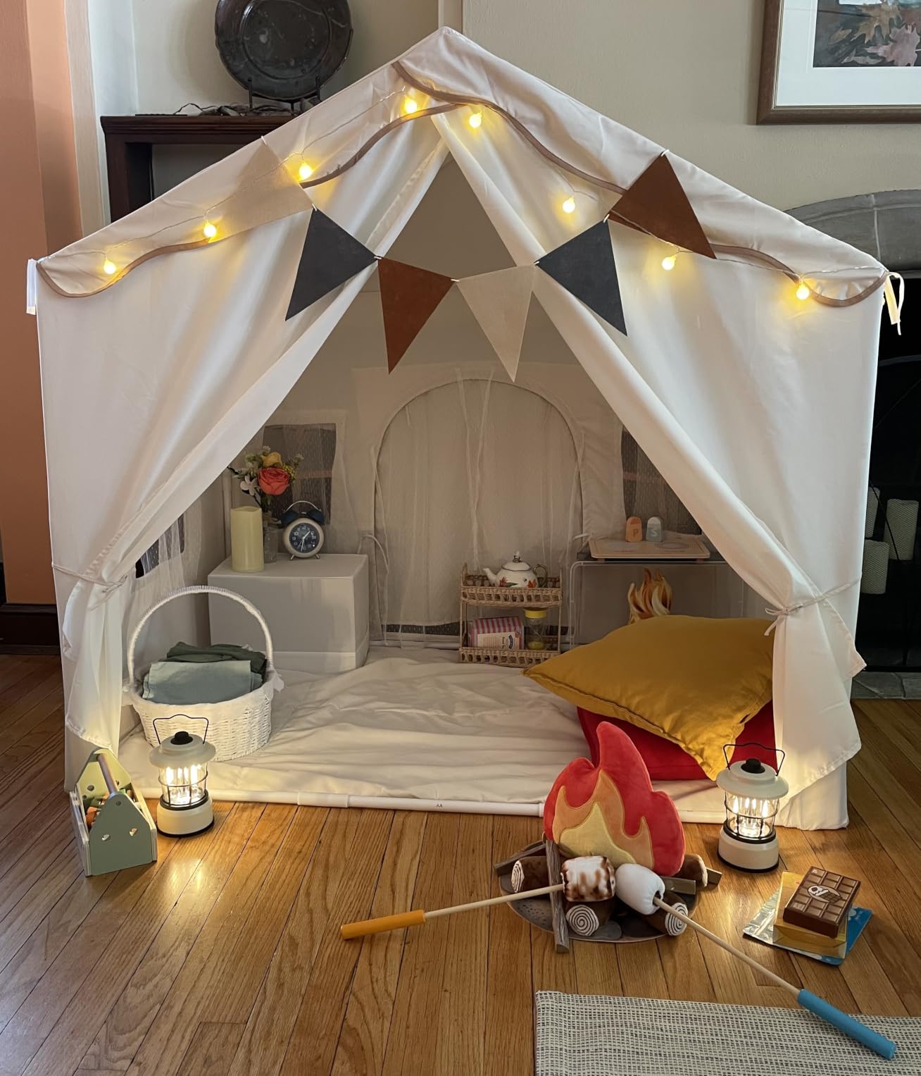 Besrey Kids Play Tent 2 in 1 with Padded Mat and Lights, Large Kids Playhouse with 2 Doors & 4 Windows, Indoor & Outdoor, Toddler Tent for Kids Indoor, 51