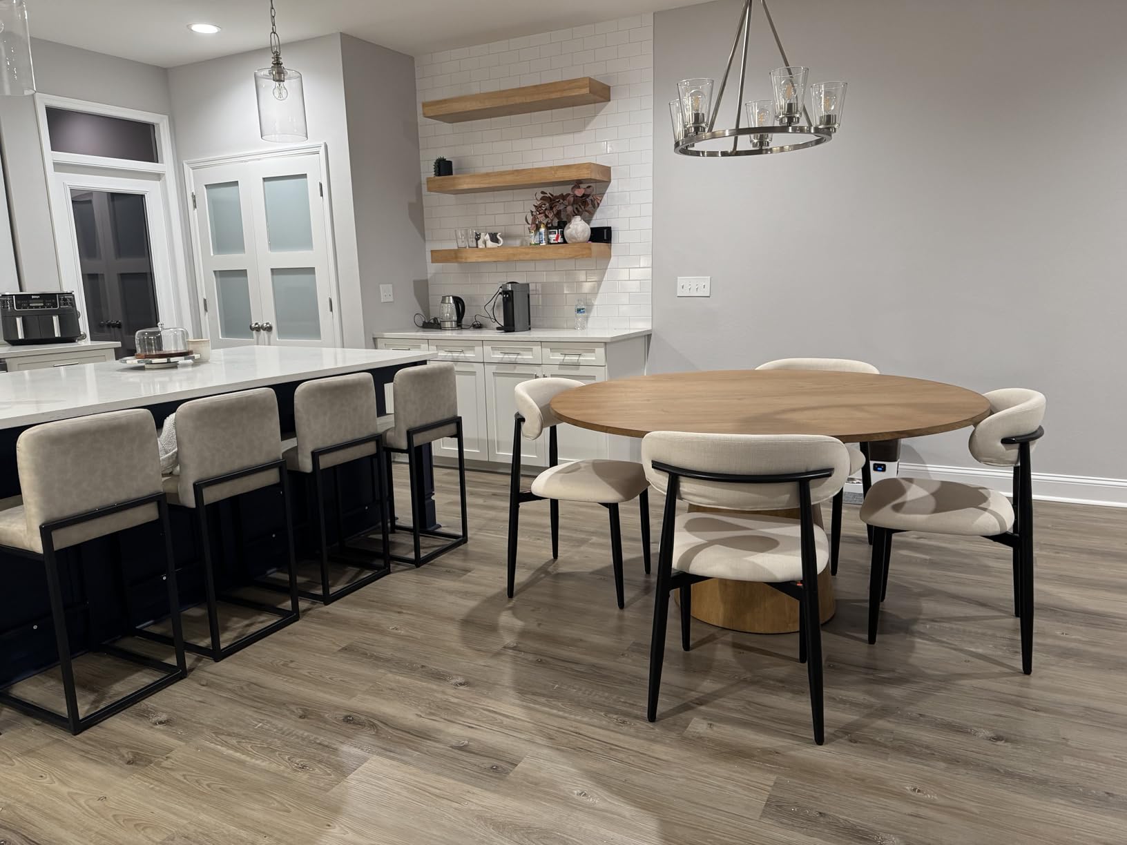 Alpine Furniture Brown Round Dining Table 59 Inches, Natural Finish with Tapered Pedestal Base, Solid Rubberwood Mindi Veneer, Seats 4-6 for Kitchen customer photo 1
