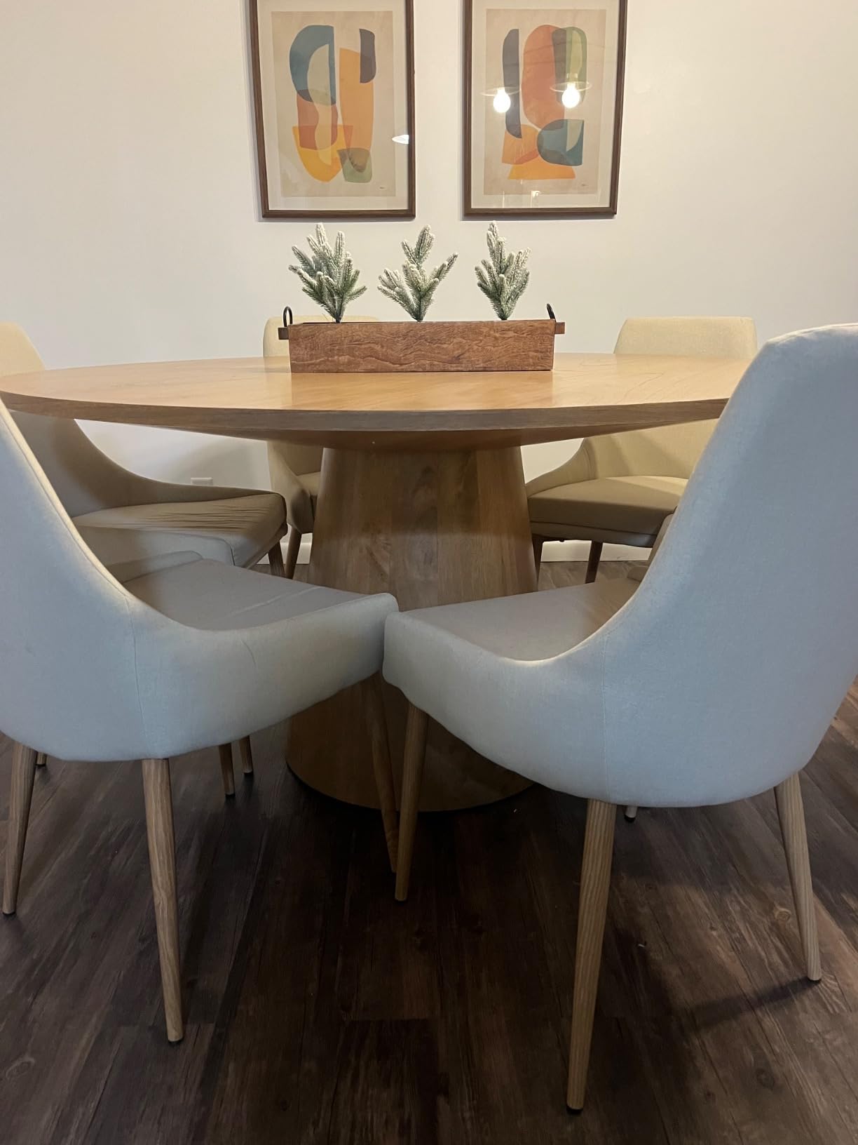 Alpine Furniture Brown Round Dining Table 59 Inches, Natural Finish with Tapered Pedestal Base, Solid Rubberwood Mindi Veneer, Seats 4-6 for Kitchen customer photo 2
