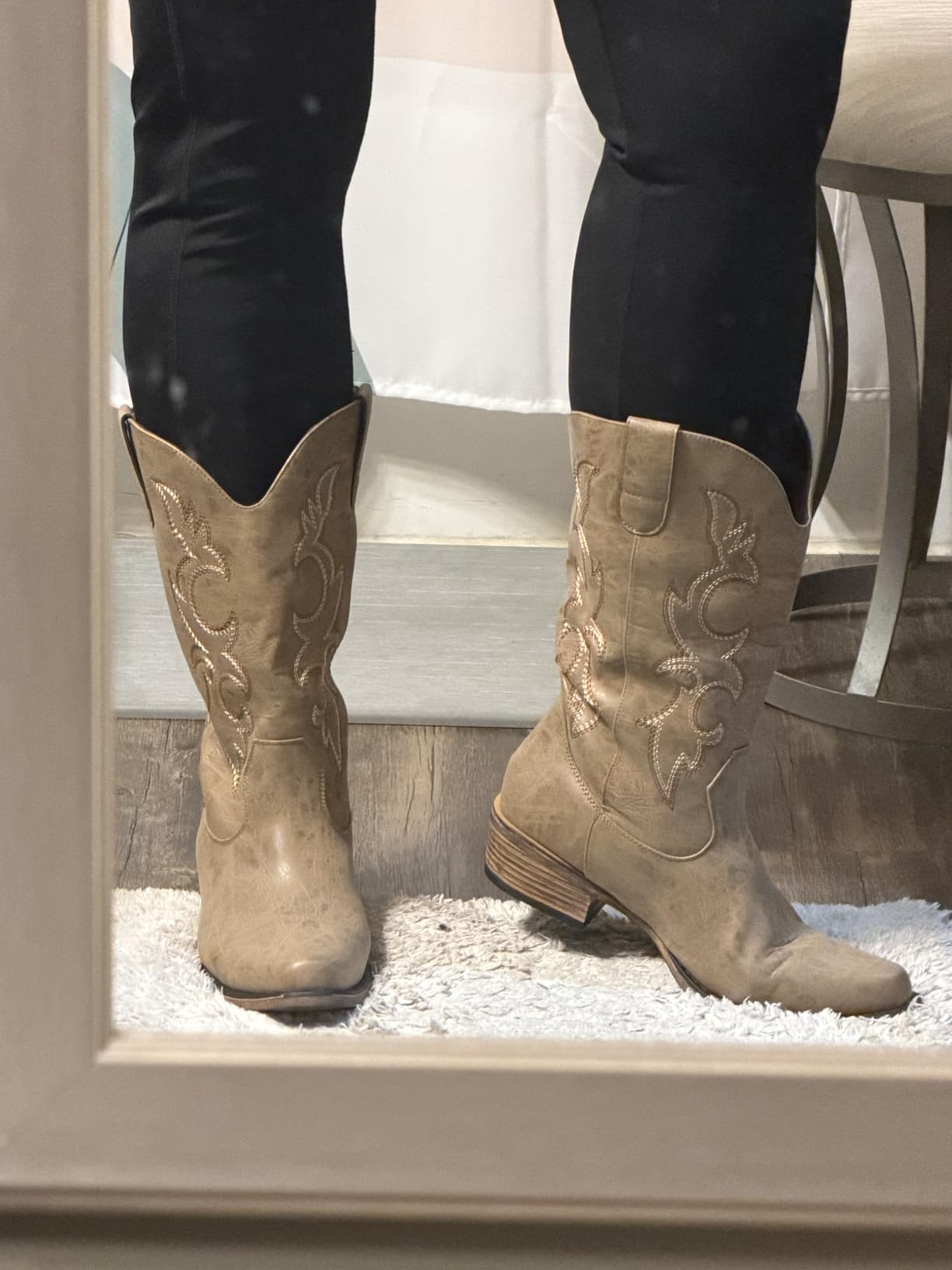 Cowboy Boots for Women - Mid Calf Cowgirl Boots Western Chunky Heel Pointed Toe Boot with Retro Embroidery, Country Concert Outfit Essentials for Rodeo Festival customer photo 1