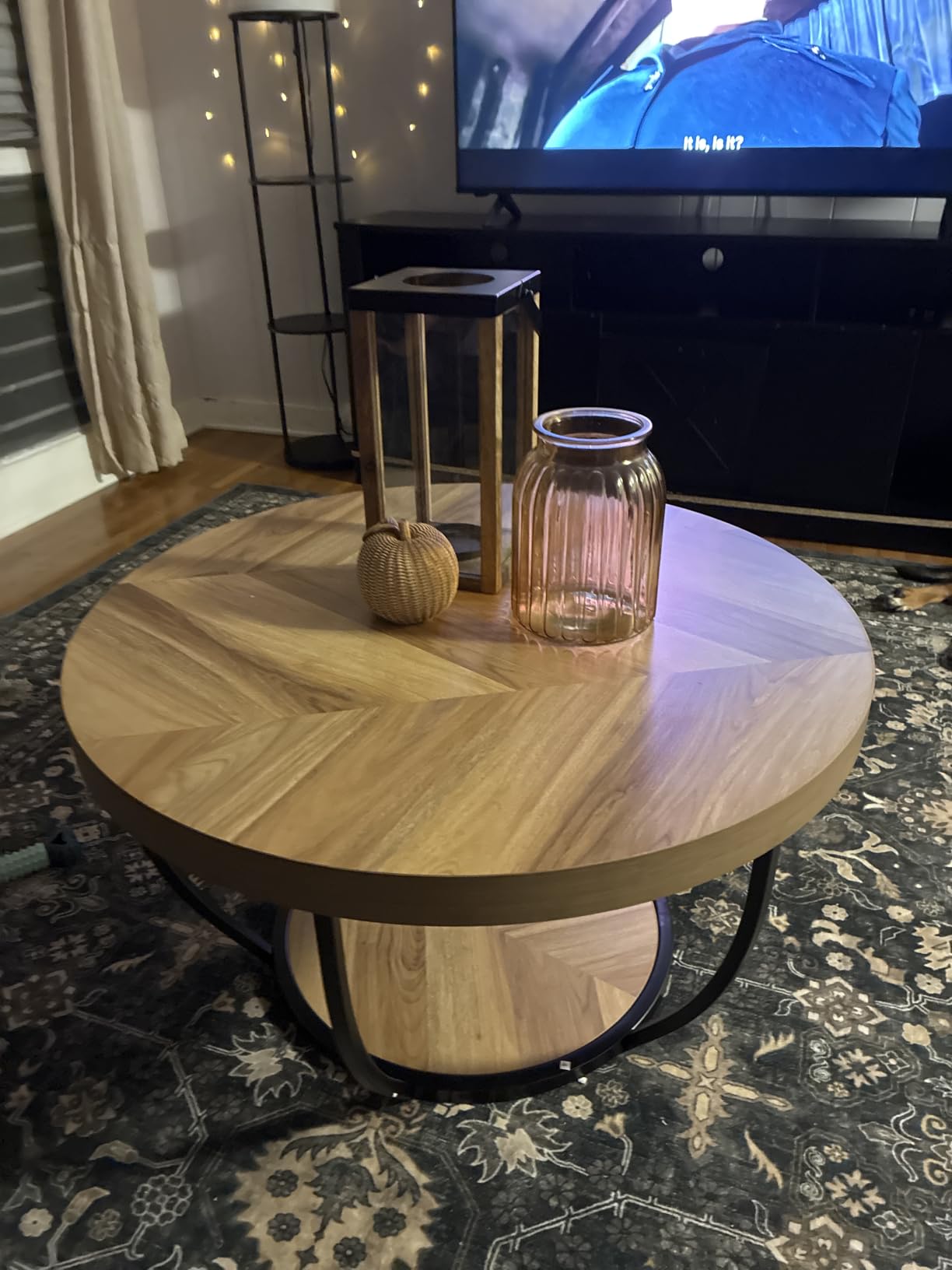 LITTLE TREE Round Coffee Table, 32 inch Circle Coffee Tables for Living Room | 2-Tier Wood Accent Center Table with Open Storage Industrial Design Home Furniture (Wood Grain and Black) customer photo 2
