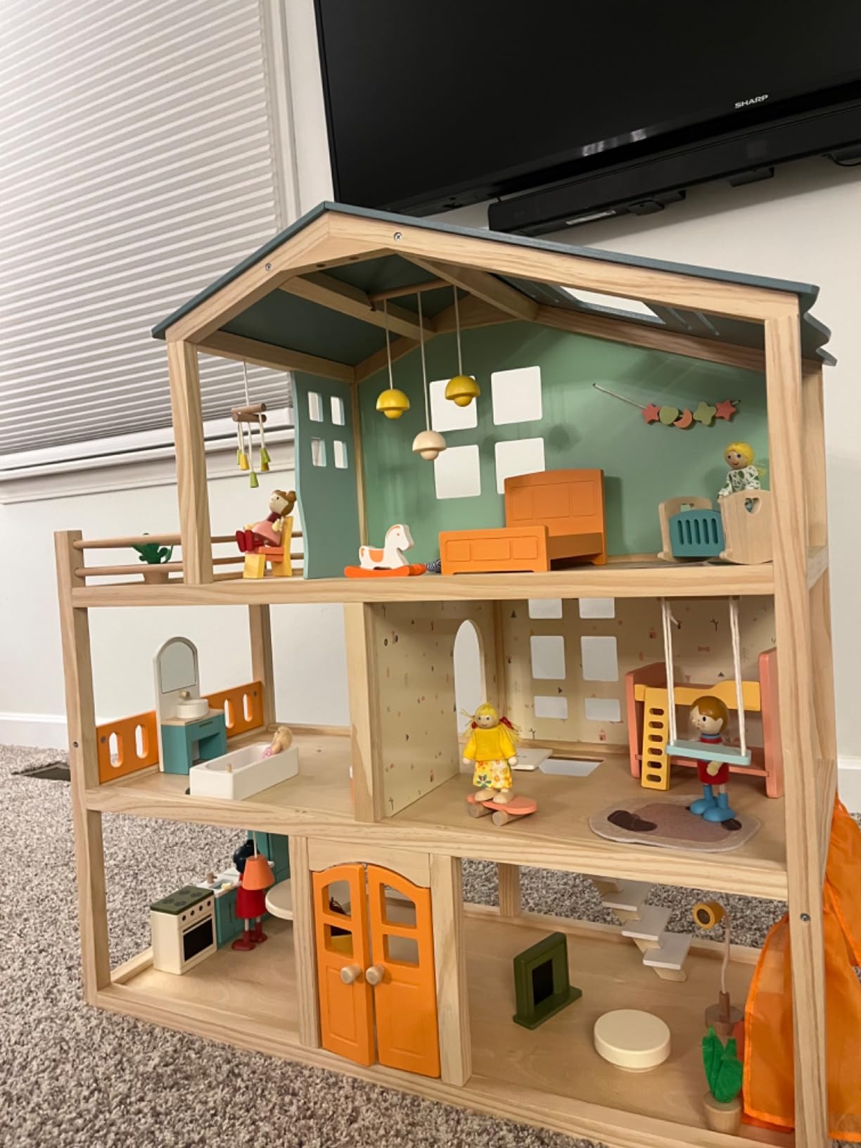 Large Wooden Dollhouse with 32 Pcs Furniture Accessories | 3-Story Doll House 5 Rooms Balcony Wooden Stairs, Ideal Dollhouse Toy Christmas Gift for Kids Ages 3+, 30