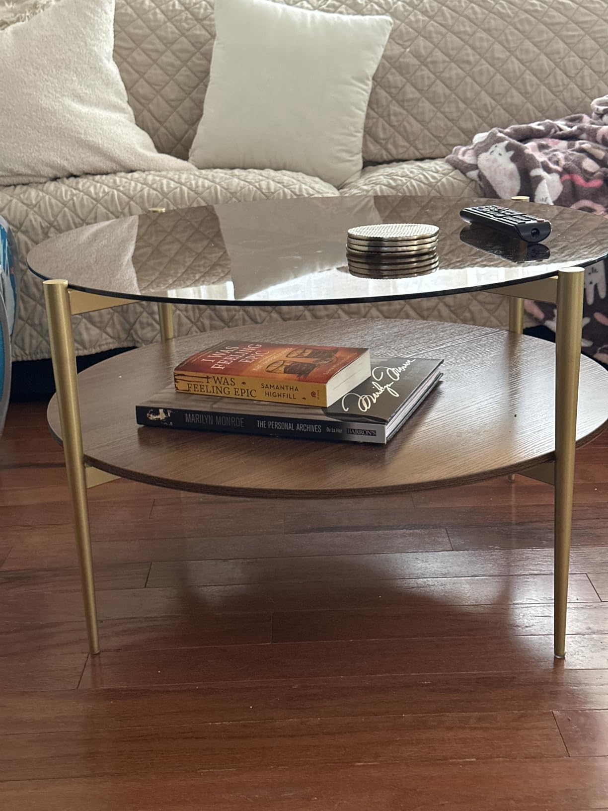 LumFurn Round Coffee Table, Mid-Century Modern Design, D30 x H17, for Living Room, 2-Tier Structure, Amber Glass Top and Walnut MDF Shelf, Sleek Conical Metal Legs with Gold Finish customer photo 2