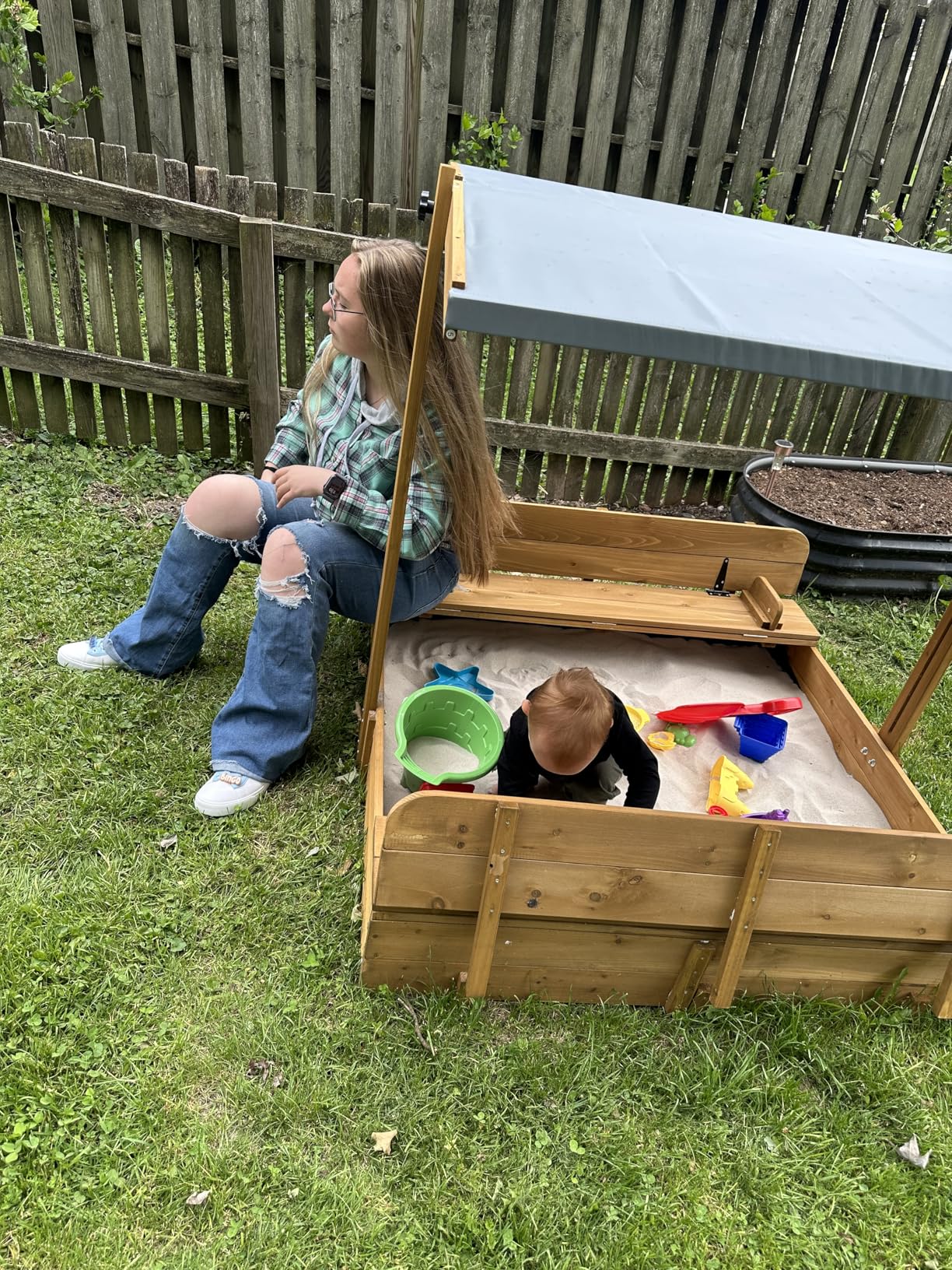 Wooden Sandbox with Lid, Kids Sandbox with Canopy Outdoor, Sandboxes with Covers Foldable Bench Seats for Backyard, UV-Resistant & Adjustable Height Roof, Gift for Ages 2-8 (47x47in) customer photo 2
