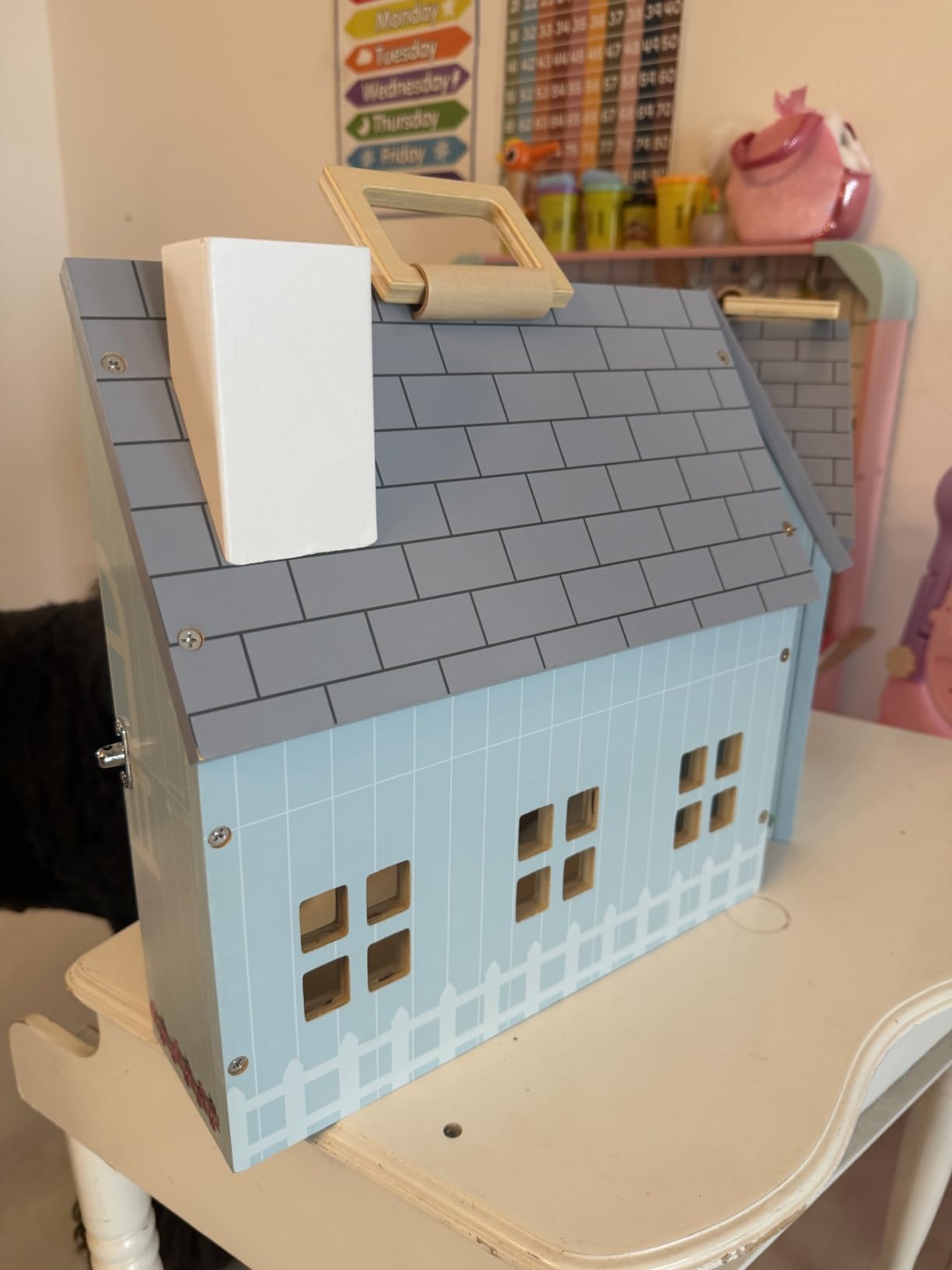 Foldable Wooden Dollhouse with 13PCS Furniture, 4 Rooms and 2 Flexible Dolls, Pretend Play Doll House Set with Portable Handle, Christmas Birthday Gift for Boys Girls Age 3+ customer photo 2