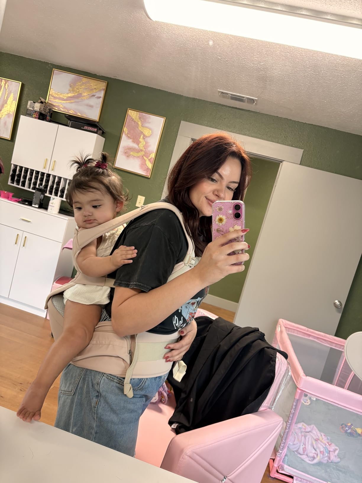 Bebamour Baby Carrier with Hip Seat, All-Position Breathable Mesh Hip Seat & Carrier 0-36Months with Head Hood, 3 PCS Cotton Pads, Waist Extender, Storage Bag & Pacifier Case, Khaki customer photo 1