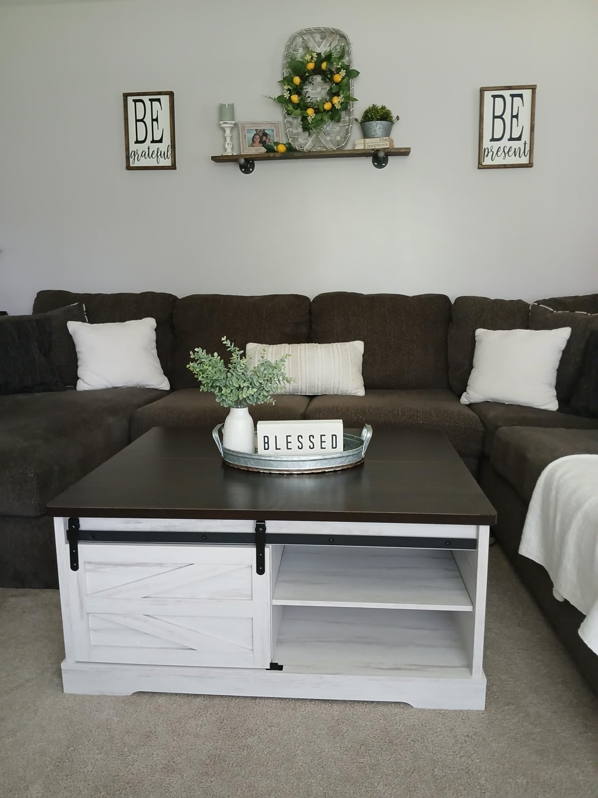 Itaar 39.4'' Lift Top Coffee Table with Storage, Farmhouse Coffee Tables for Living Room, Square Coffee Table with Large Hidden Compartment & 2 Drawers & Adjustable Shelves, Vintage White+Walnut customer photo 2