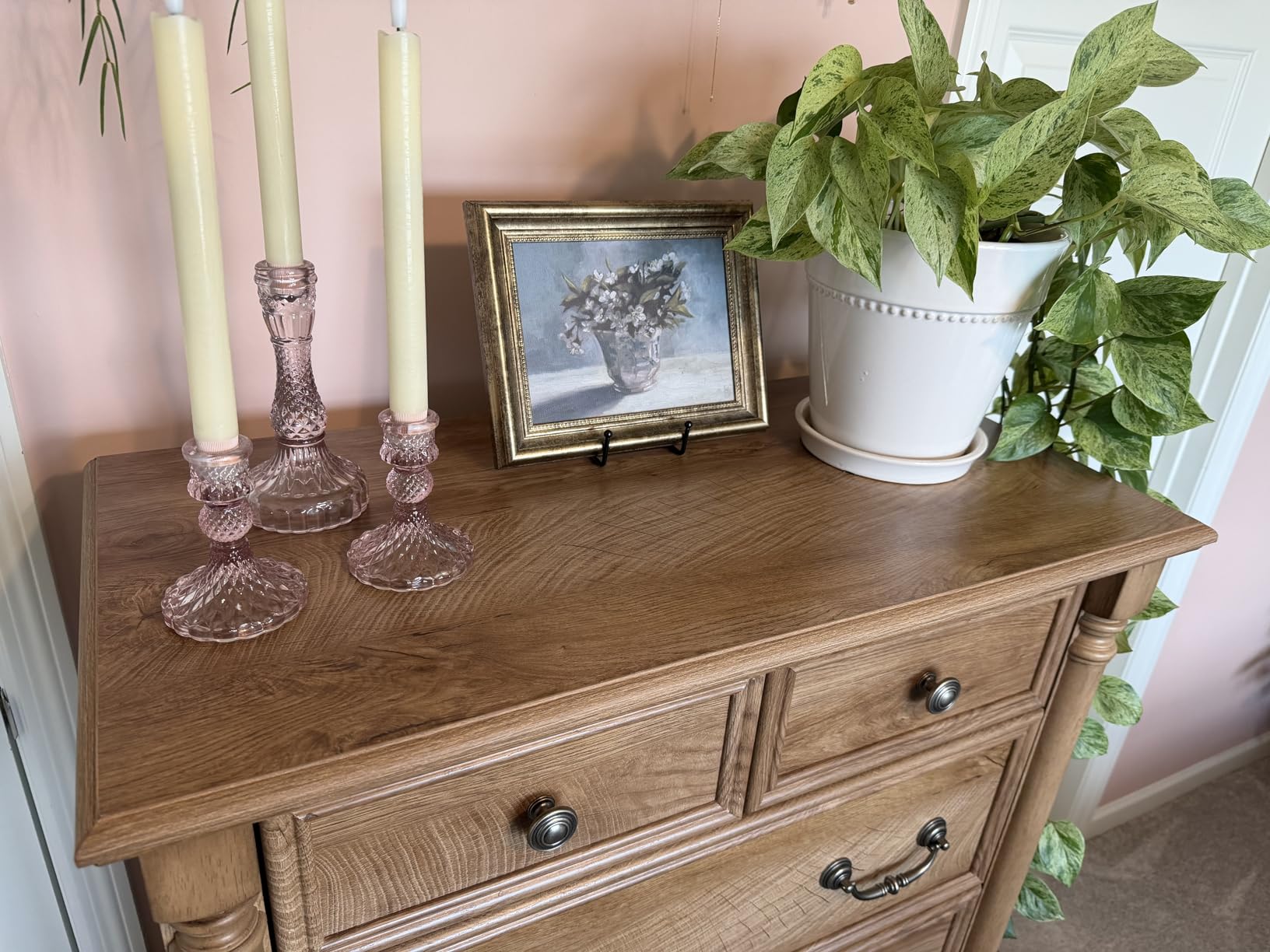 T4TREAM Farmhouse 6-Drawer Dresser with Solid Wood Feet, Natural Oak | 4 Solid Wood Feet, Decorative Solid Wood Column Accents, Rustic Styling Dresser for Closet, Bedroom, Living room customer photo 2