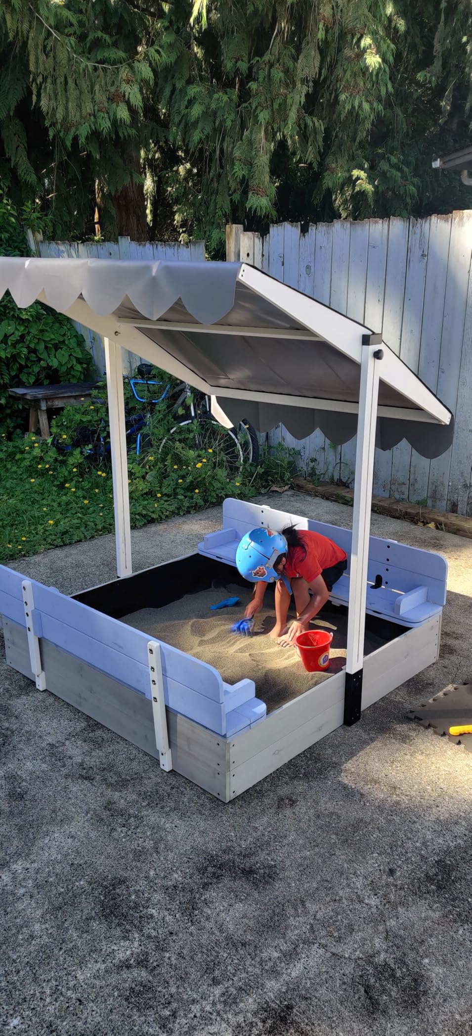 Kids Sandbox with Lid & Canopy, 2 Benches, Outdoor Sand Pit for Ages 4-8 | Adjustable Canopy, Converts to 2 Benches, Bottom Liner, Wooden Cover customer photo 1