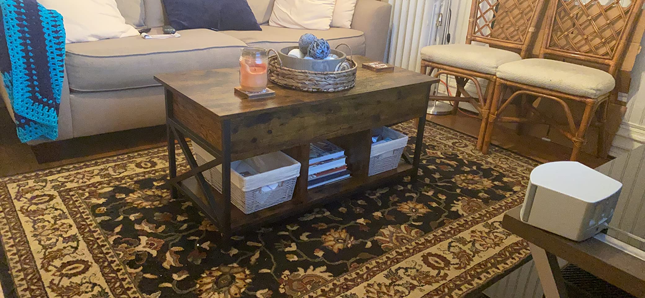 VASAGLE Coffee Table Lift Top, 3 in 1 Center Table with Storage, Gas Spring, 2 Drawers and 3 Hidden Compartments, Open Shelf, for Living Room, Home Office, Honey Brown and Rustic White ULCT254W01 customer photo 2
