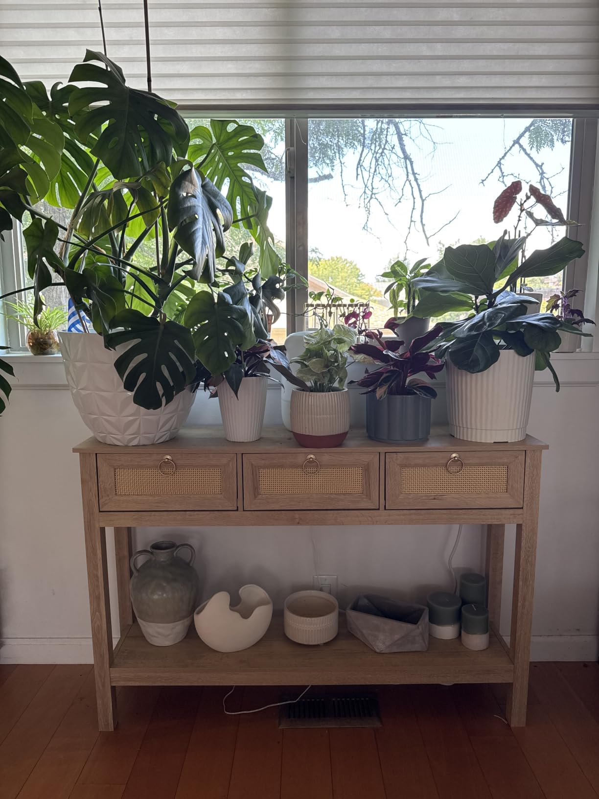 SUPERJARE Rattan Console Sofa Table with Outlets, USB-C Port and 3 Drawers, Entryway Table with Synthetic Rattan Surface, Open Shelf, Behind Couch Entry Foyer Hallway Storage, Natural customer photo 1