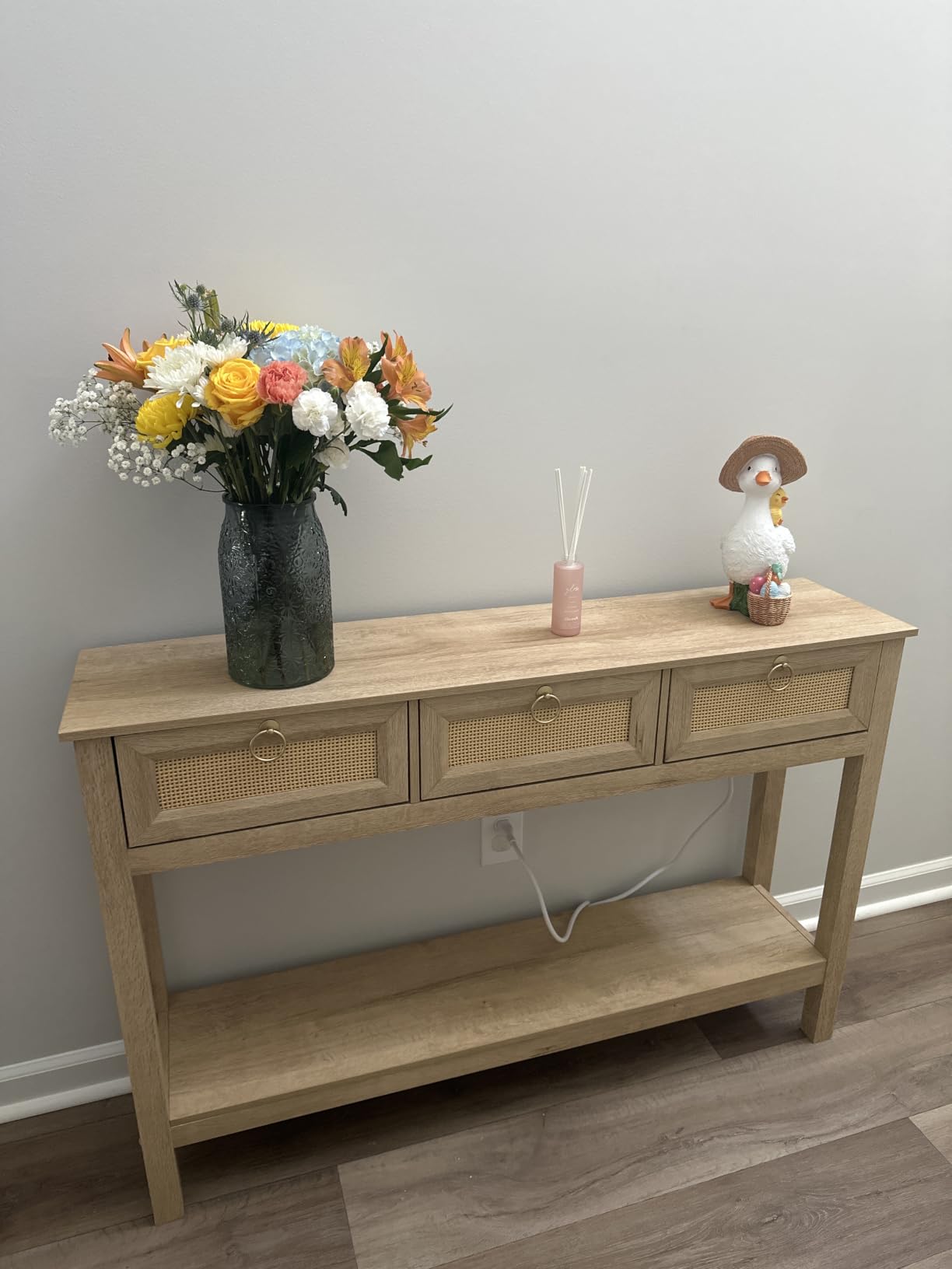 SUPERJARE Rattan Console Sofa Table with Outlets, USB-C Port and 3 Drawers, Entryway Table with Synthetic Rattan Surface, Open Shelf, Behind Couch Entry Foyer Hallway Storage, Natural customer photo 2