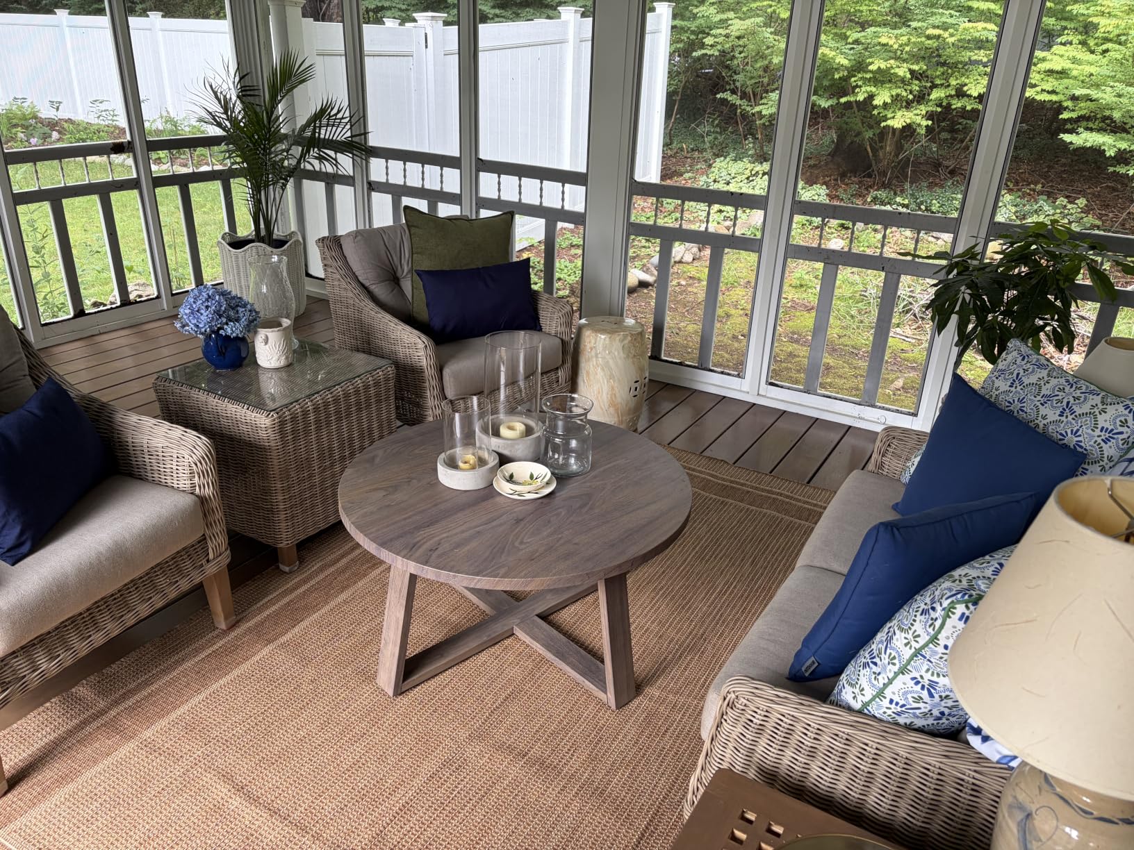 Metal Outdoor Indoor Round Coffee Table with 35 Inch Tabletop | Cross Leg Design, Wood Grain Finish, Rust Resistant, Adjustable Feet, Ideal For Backyard, Porch, Balcony, Living Room customer photo 1