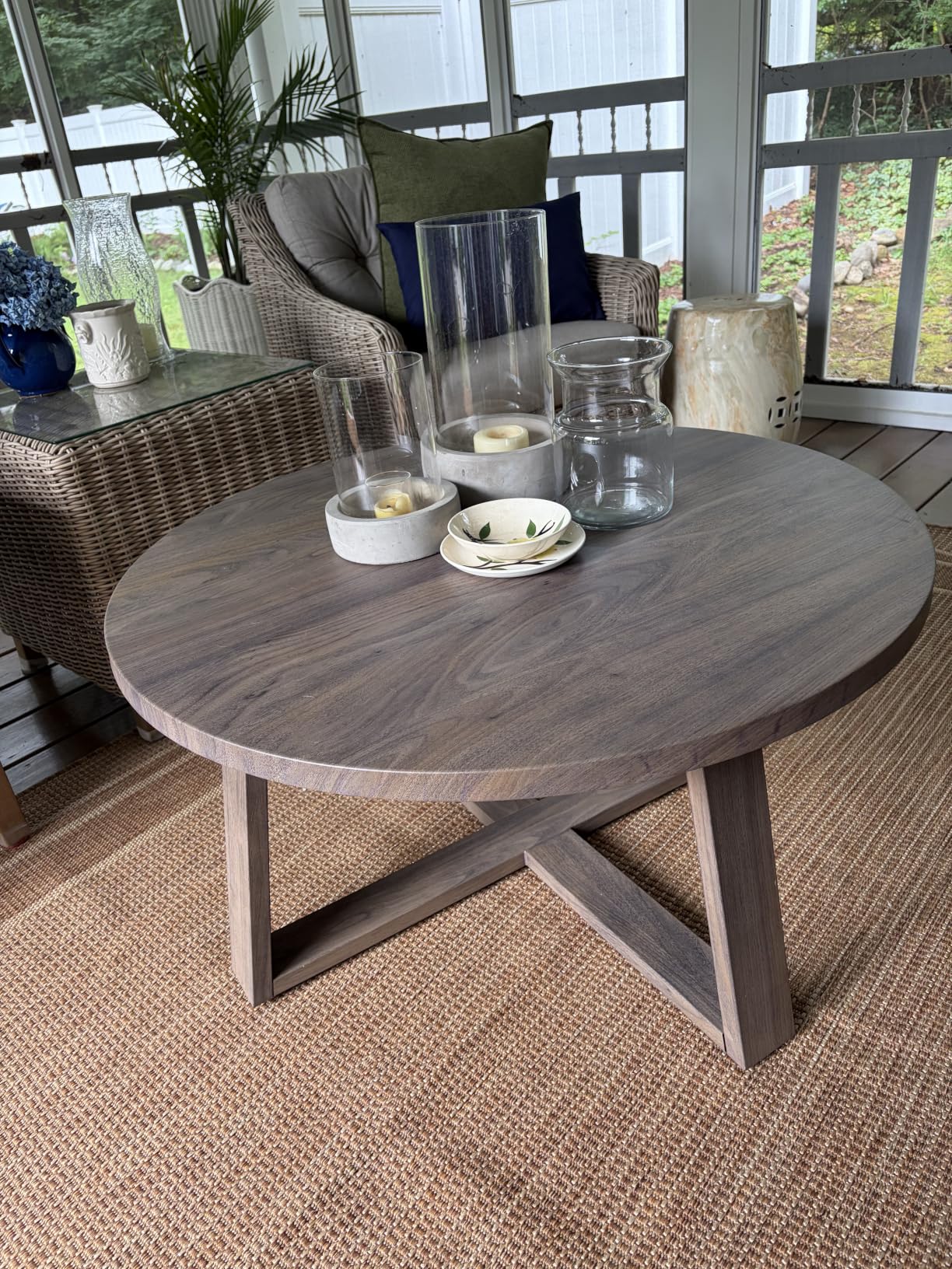 Metal Outdoor Indoor Round Coffee Table with 35 Inch Tabletop | Cross Leg Design, Wood Grain Finish, Rust Resistant, Adjustable Feet, Ideal For Backyard, Porch, Balcony, Living Room customer photo 2
