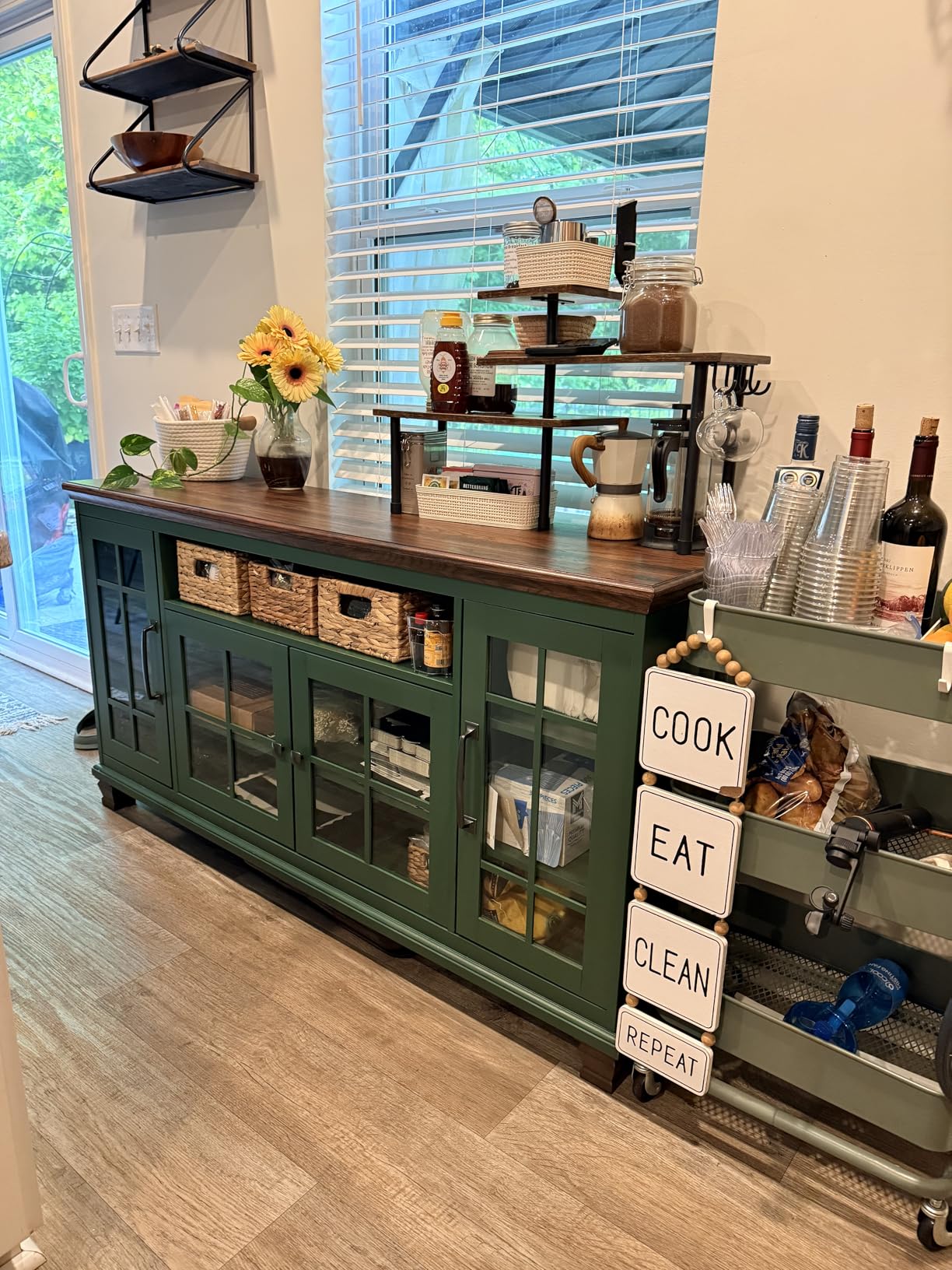 60-Inch Sideboard Buffet Cabinet with Glass Doors, Walnut | 60-inch wood buffet with four glass doors, adjustable shelves and open storage for tableware, coffee bars and display customer photo 2