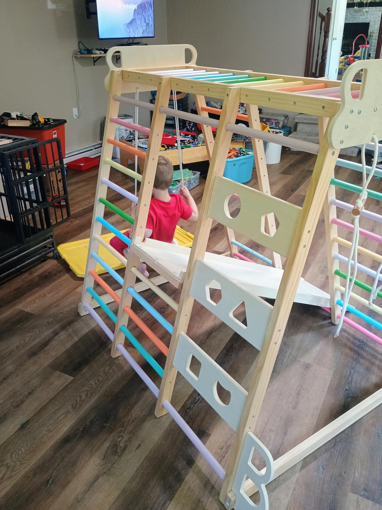 Upgraded Indoor Jungle Gym 9-in-1 Playground Kids Climbing Toys | Waldorf Style Wooden Climber Playset with Slide, Swing, Monkey Bars, Upright/Rope Ladder, Climb Net, Colorful customer photo 2