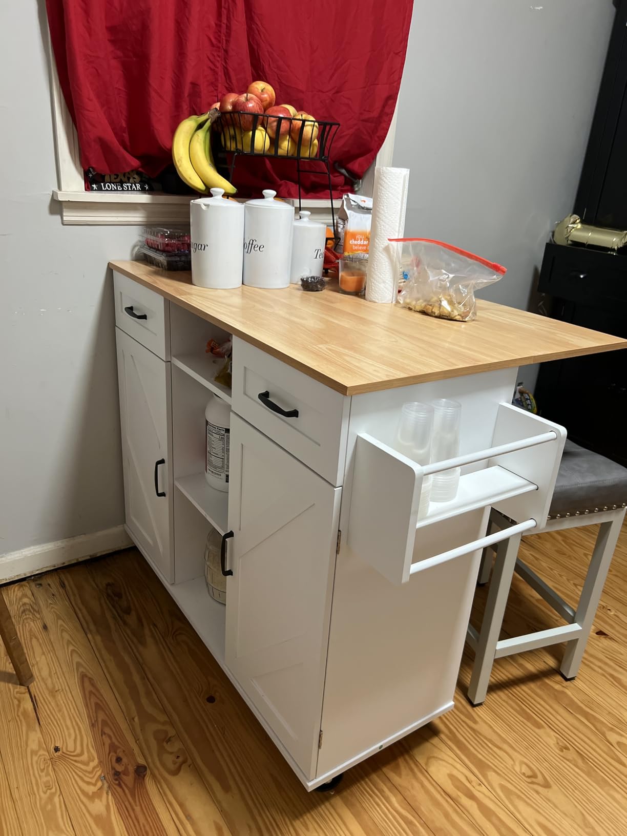 knoworld 51.5'' Rolling Kitchen Island with Storage Cabinet & Drawers, Drop Leaf Kitchen Cart on Wheels, Farmhouse Portable Mobile Islands, Large Butcher Block Table with Tower/Spice Rack, White customer photo 1