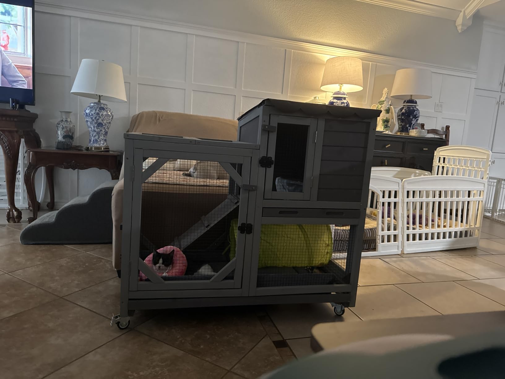 GUTINNEEN Wooden Duplex Rabbit Cage on Wheels with Chew-Proof Ramp, Grey customer photo 1