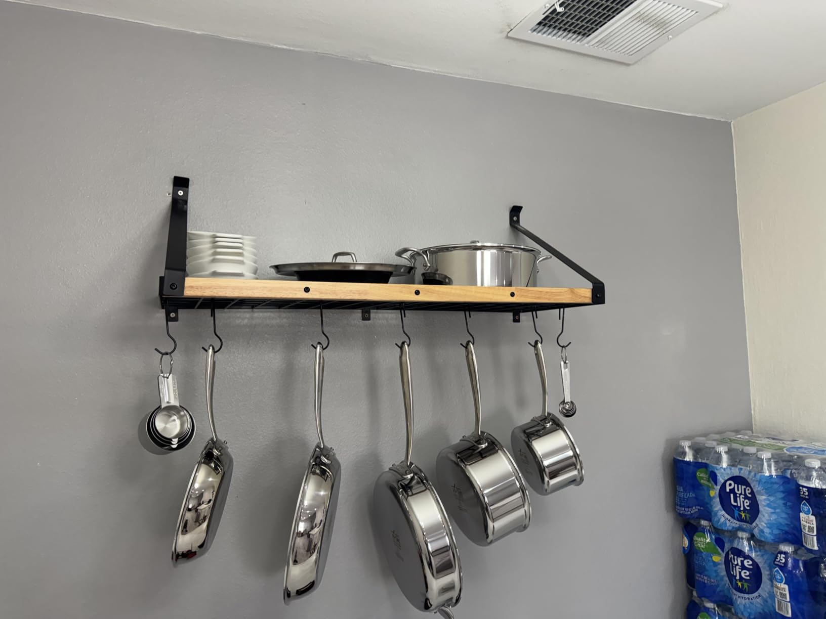 KES 132lb Heavy Duty Hanging Pot Rack Wall Mounted, 34in Solid Wood Design | 20 Sturdy Hooks, 2-Tier Wooden Pots and Pans Organizer, Matte Black Wall Mounted Pot Rack customer photo 1